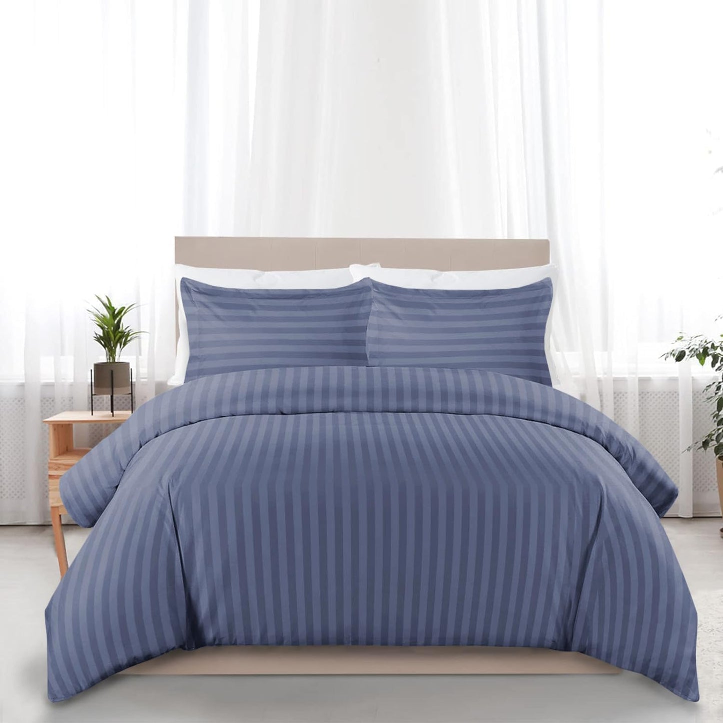 MOONLIGHT20015 Double Duvet Set Reversible Stripes Satin Double Bedding Set with 2 Pillowcases Soft Hypoallergenic Duvet Cover (Grey 200x200 CM)