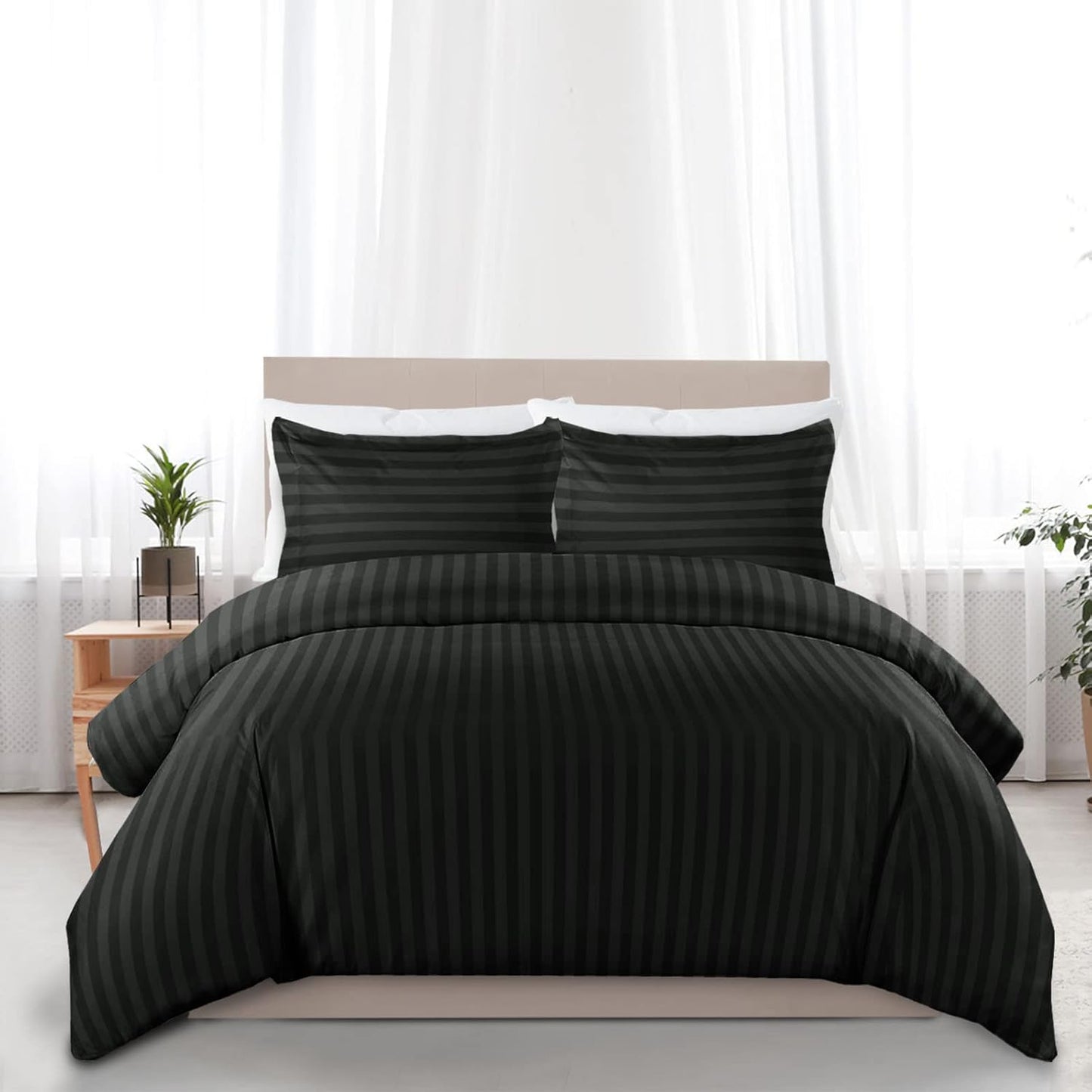 MOONLIGHT20015 Double Duvet Set Reversible Stripes Satin Double Bedding Set with 2 Pillowcases Soft Hypoallergenic Duvet Cover (Grey 200x200 CM)