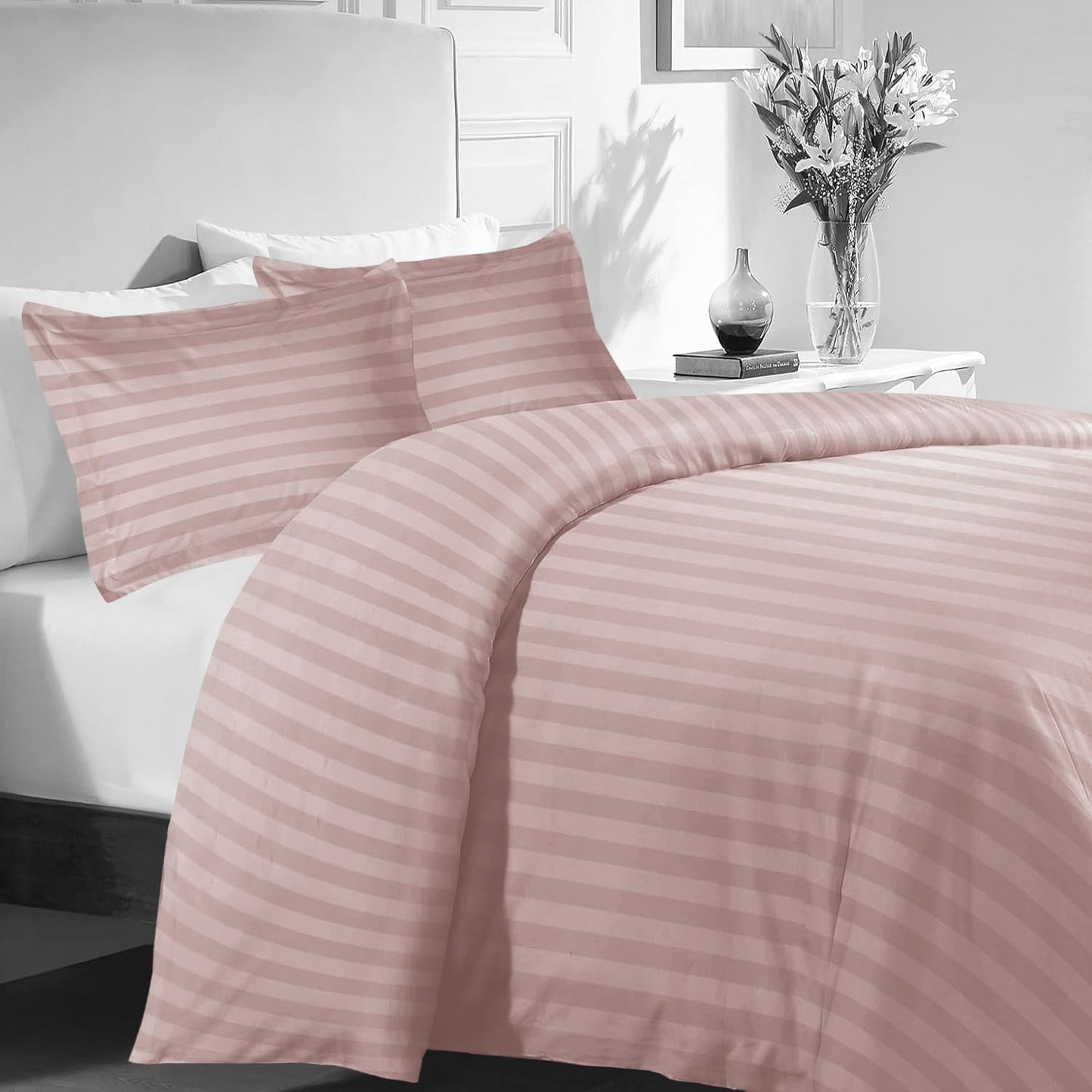MOONLIGHT20015 Double Duvet Set Reversible Stripes Satin Double Bedding Set with 2 Pillowcases Soft Hypoallergenic Duvet Cover (Grey 200x200 CM)