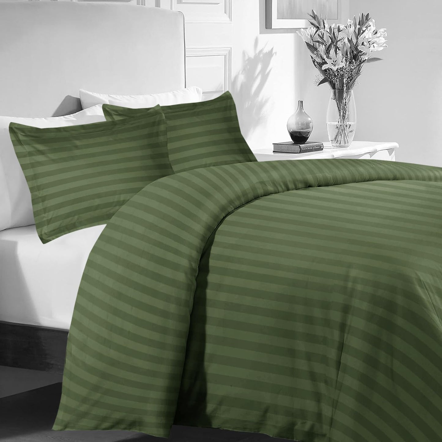 MOONLIGHT20015 Double Duvet Set Reversible Stripes Satin Double Bedding Set with 2 Pillowcases Soft Hypoallergenic Duvet Cover (Grey 200x200 CM)