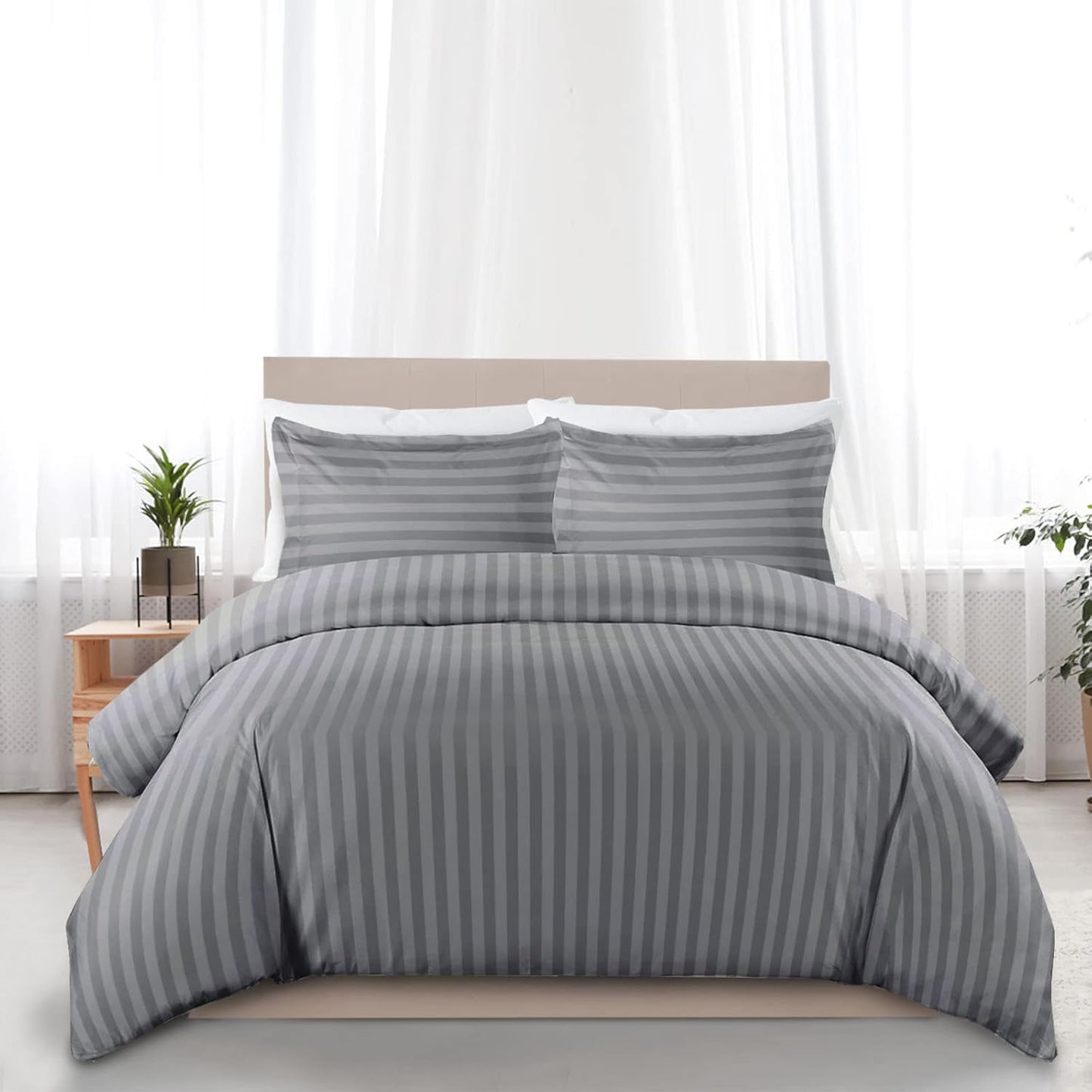 MOONLIGHT20015 Double Duvet Set Reversible Stripes Satin Double Bedding Set with 2 Pillowcases Soft Hypoallergenic Duvet Cover (Grey 200x200 CM)