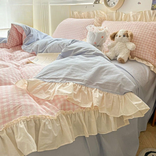 Ruffled Gingham Bedding Set 4PCS