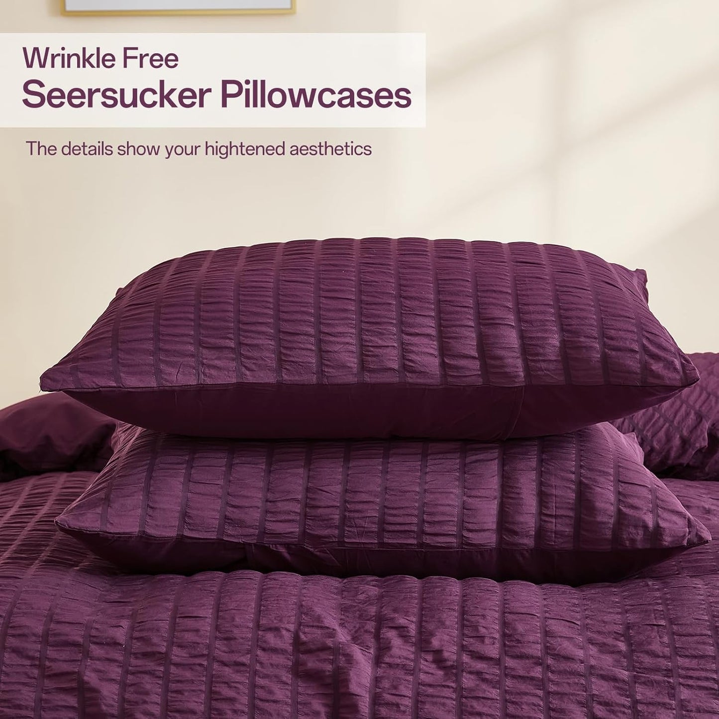 Beige Seersucker Bedding Set King Size Puckering Seersucker Duvet Cover Set,Soft Microfiber,2 Pillowcases and Zipper Closure,220×230cm