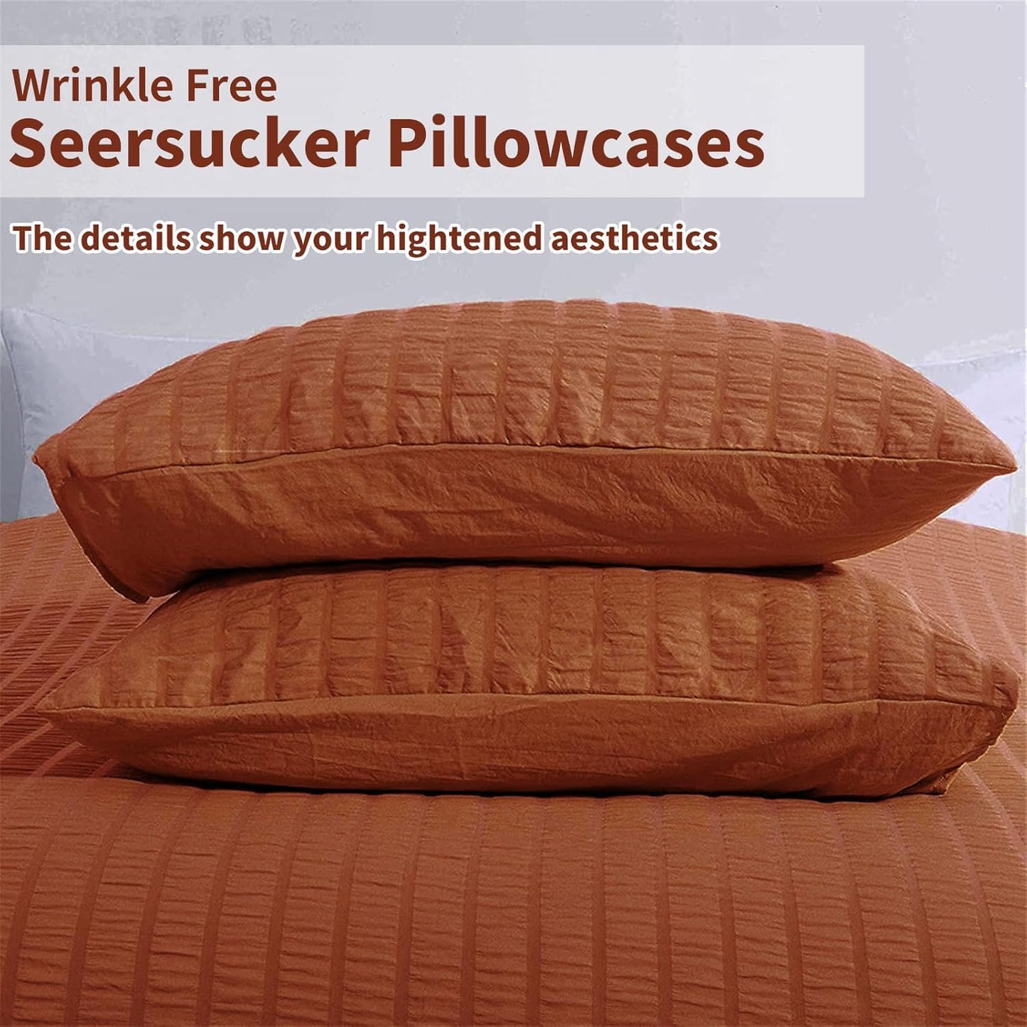 Beige Seersucker Bedding Set King Size Puckering Seersucker Duvet Cover Set,Soft Microfiber,2 Pillowcases and Zipper Closure,220×230cm