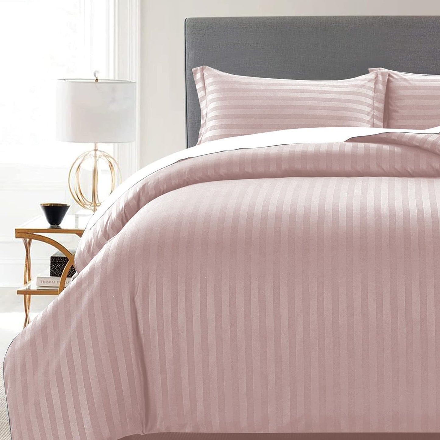 MOONLIGHT20015 Double Duvet Set Reversible Stripes Satin Double Bedding Set with 2 Pillowcases Soft Hypoallergenic Duvet Cover (Grey 200x200 CM)