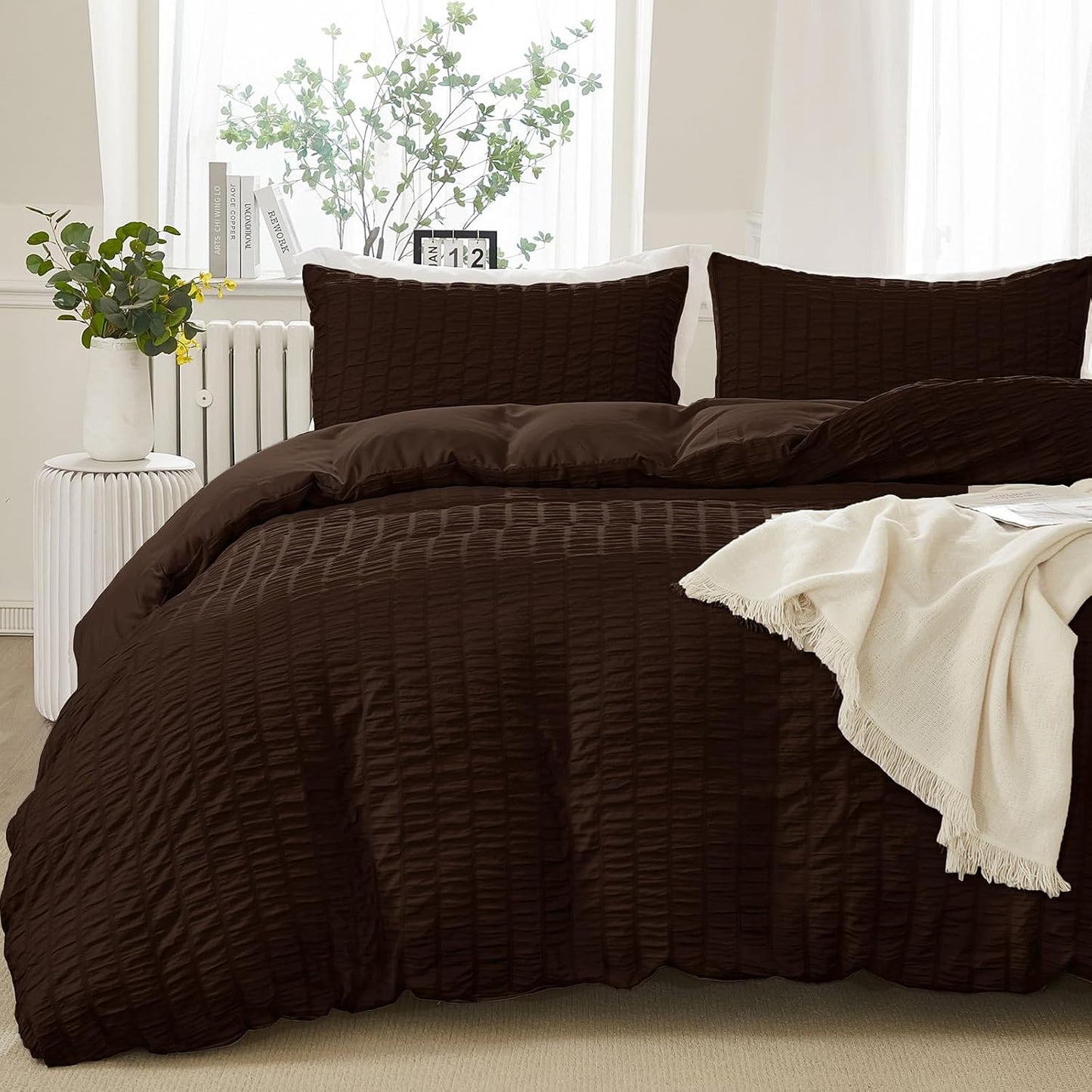 Beige Seersucker Bedding Set King Size Puckering Seersucker Duvet Cover Set,Soft Microfiber,2 Pillowcases and Zipper Closure,220×230cm