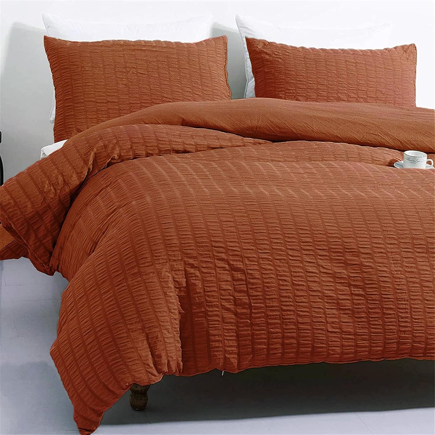 Beige Seersucker Bedding Set King Size Puckering Seersucker Duvet Cover Set,Soft Microfiber,2 Pillowcases and Zipper Closure,220×230cm