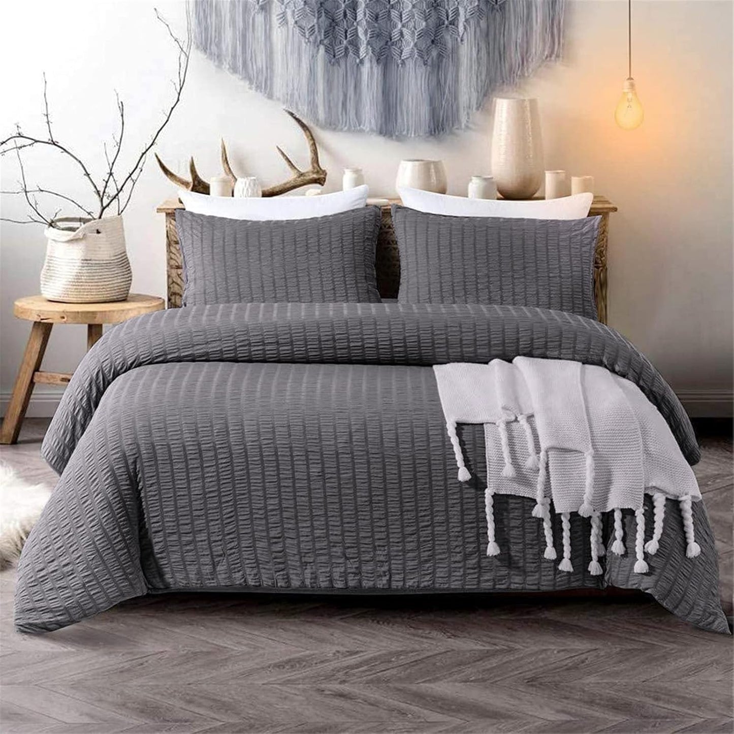 Beige Seersucker Bedding Set King Size Puckering Seersucker Duvet Cover Set,Soft Microfiber,2 Pillowcases and Zipper Closure,220×230cm