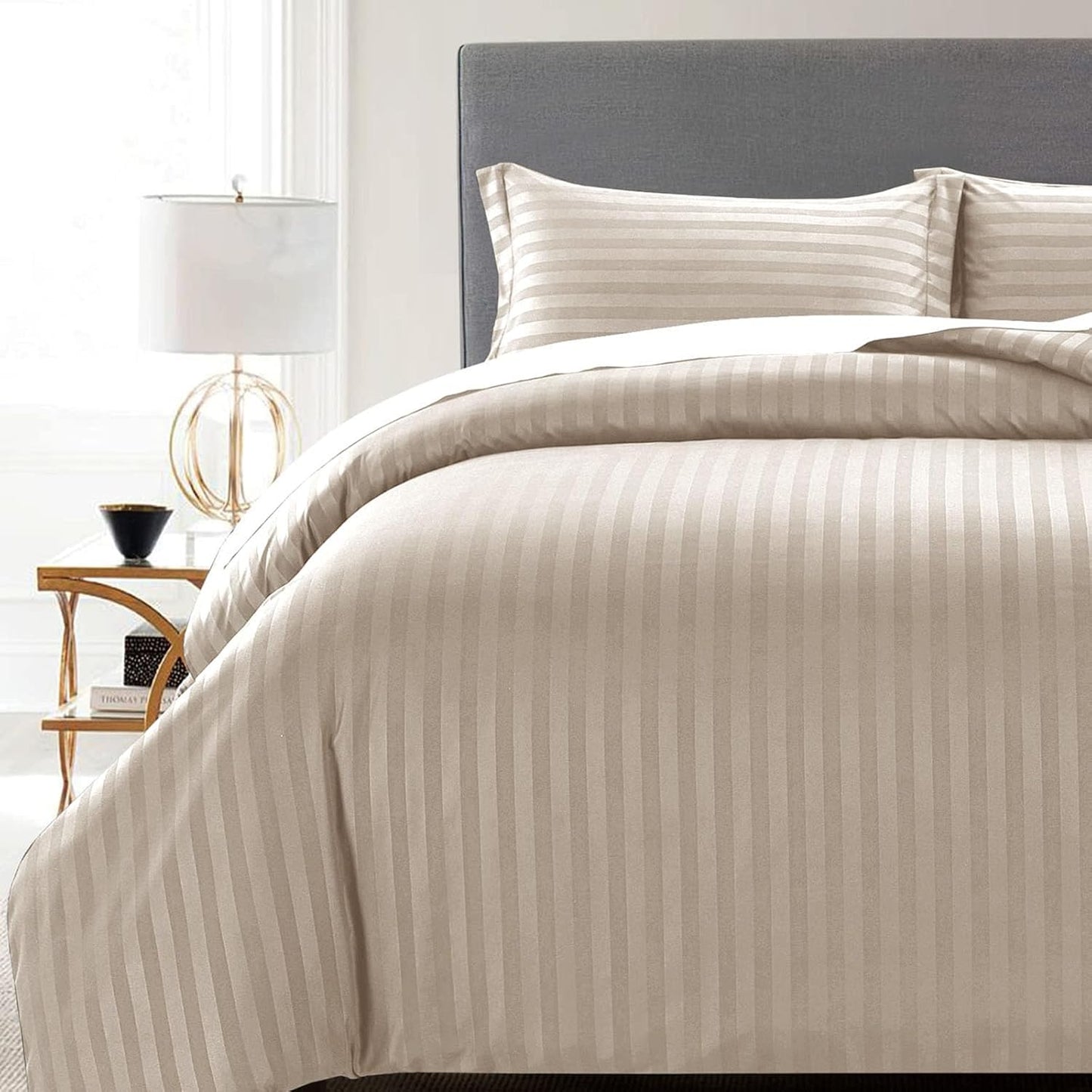 MOONLIGHT20015 Double Duvet Set Reversible Stripes Satin Double Bedding Set with 2 Pillowcases Soft Hypoallergenic Duvet Cover (Grey 200x200 CM)