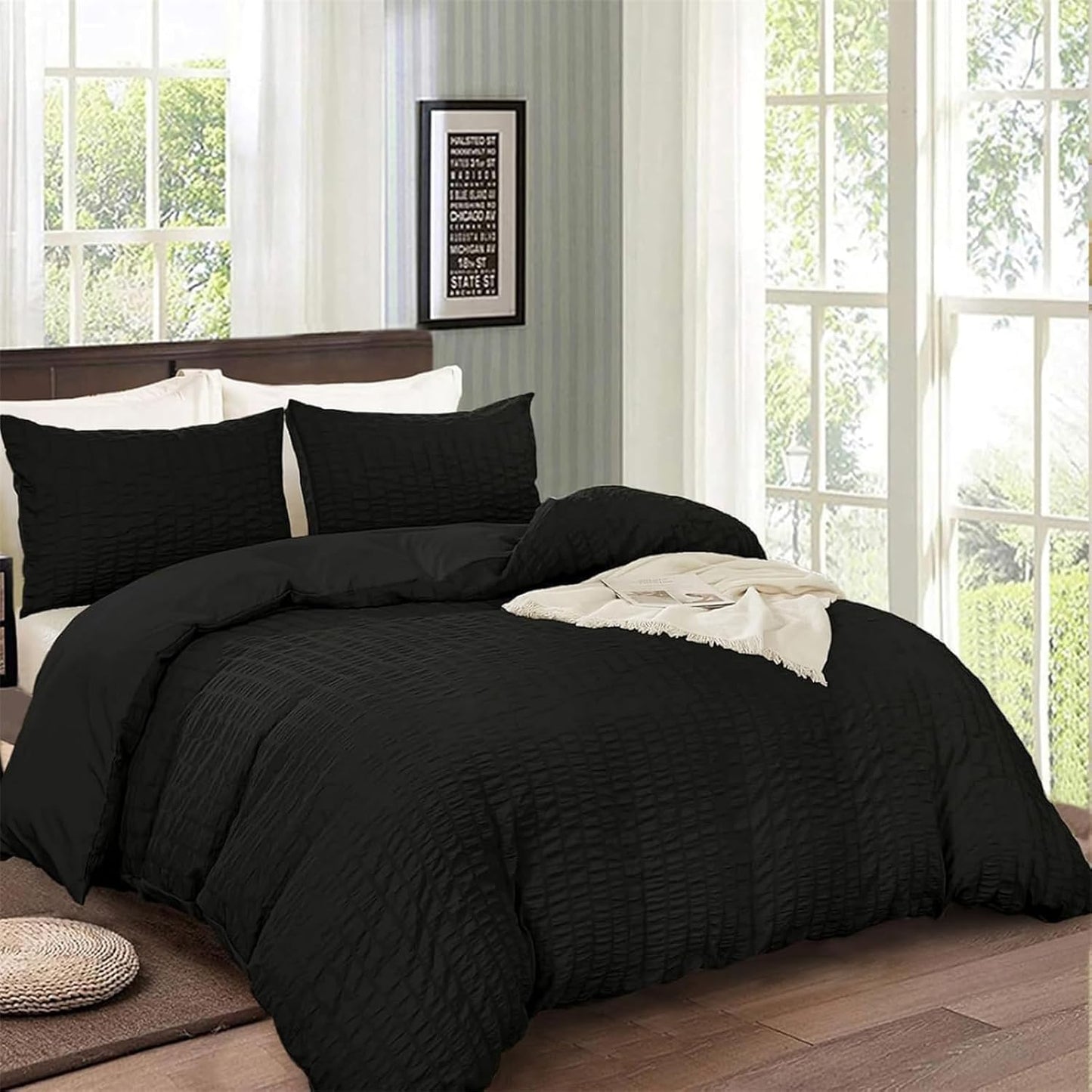 Beige Seersucker Bedding Set King Size Puckering Seersucker Duvet Cover Set,Soft Microfiber,2 Pillowcases and Zipper Closure,220×230cm