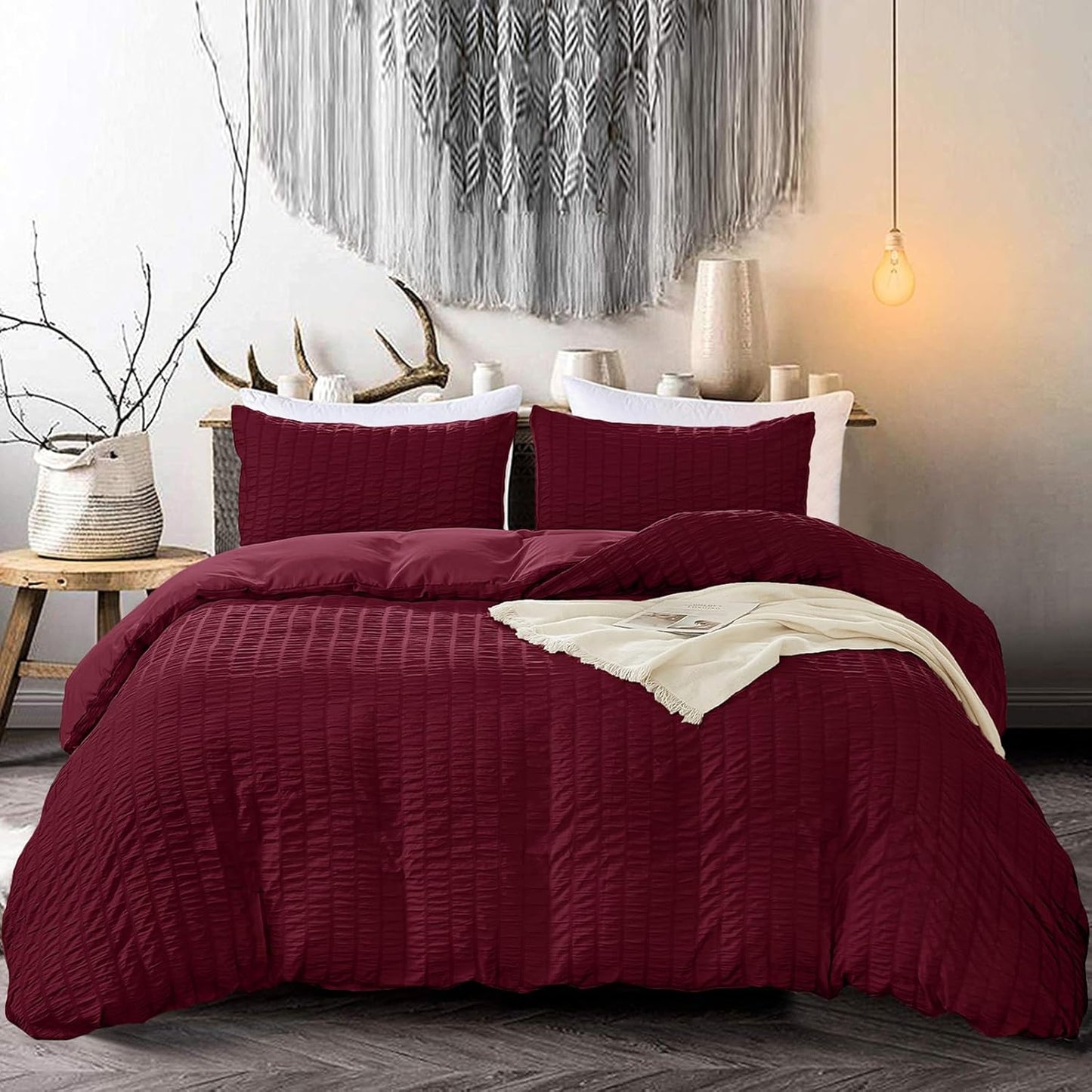 Beige Seersucker Bedding Set King Size Puckering Seersucker Duvet Cover Set,Soft Microfiber,2 Pillowcases and Zipper Closure,220×230cm