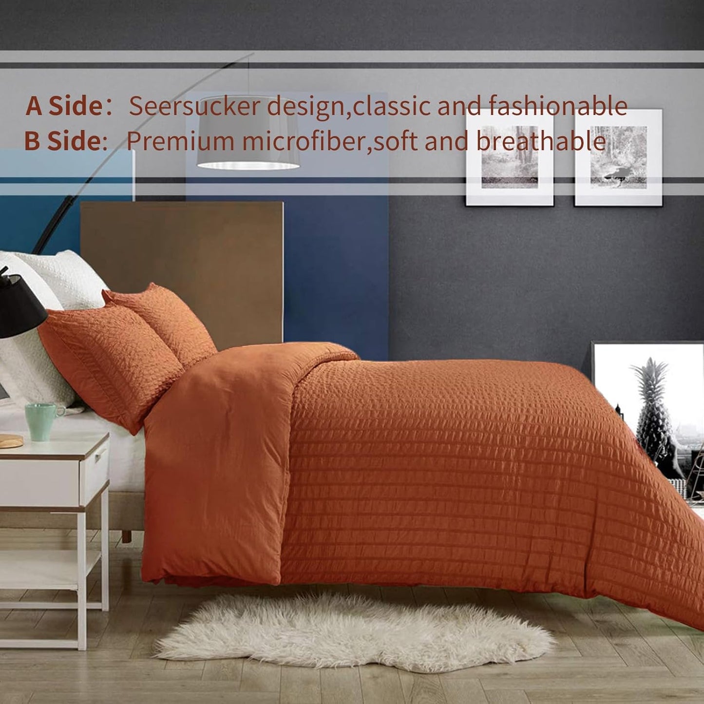 Beige Seersucker Bedding Set King Size Puckering Seersucker Duvet Cover Set,Soft Microfiber,2 Pillowcases and Zipper Closure,220×230cm