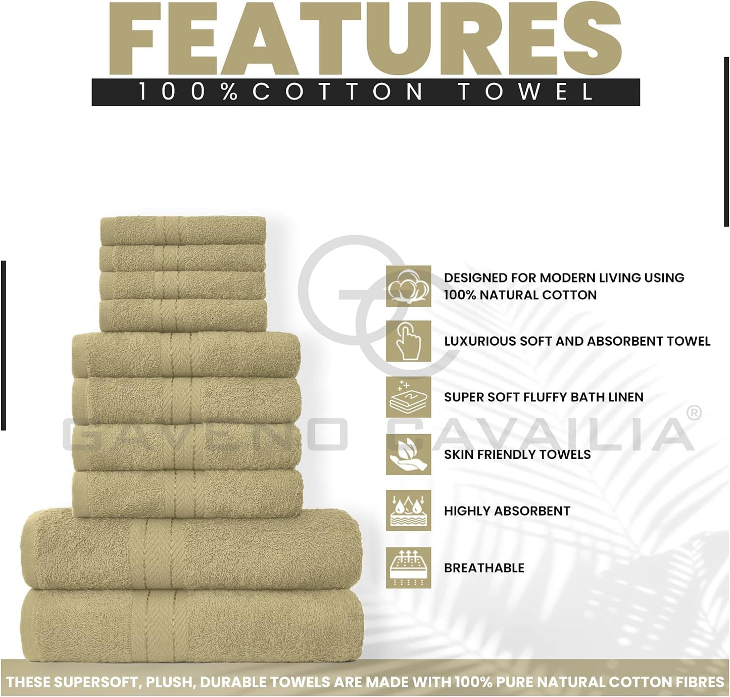 GC GAVENO CAVAILIA 10 Piece Towel Bale Set | Quick Drying Cotton Towel Highly Absorbent 450 GSM Silver Towels Set | Bathroom Towels Bale Set 4x Face 4x Hand 2x Bath Towels