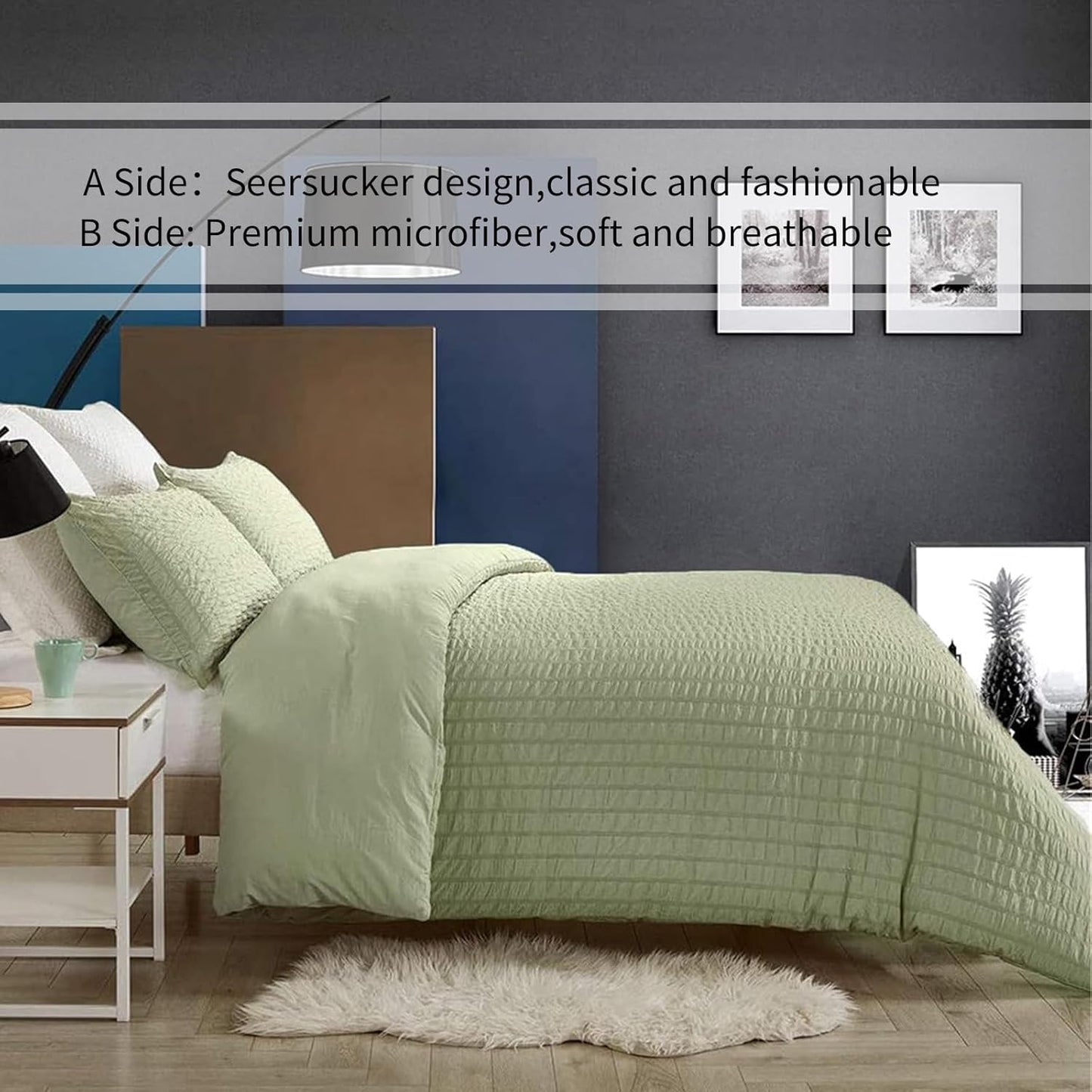 Beige Seersucker Bedding Set King Size Puckering Seersucker Duvet Cover Set,Soft Microfiber,2 Pillowcases and Zipper Closure,220×230cm