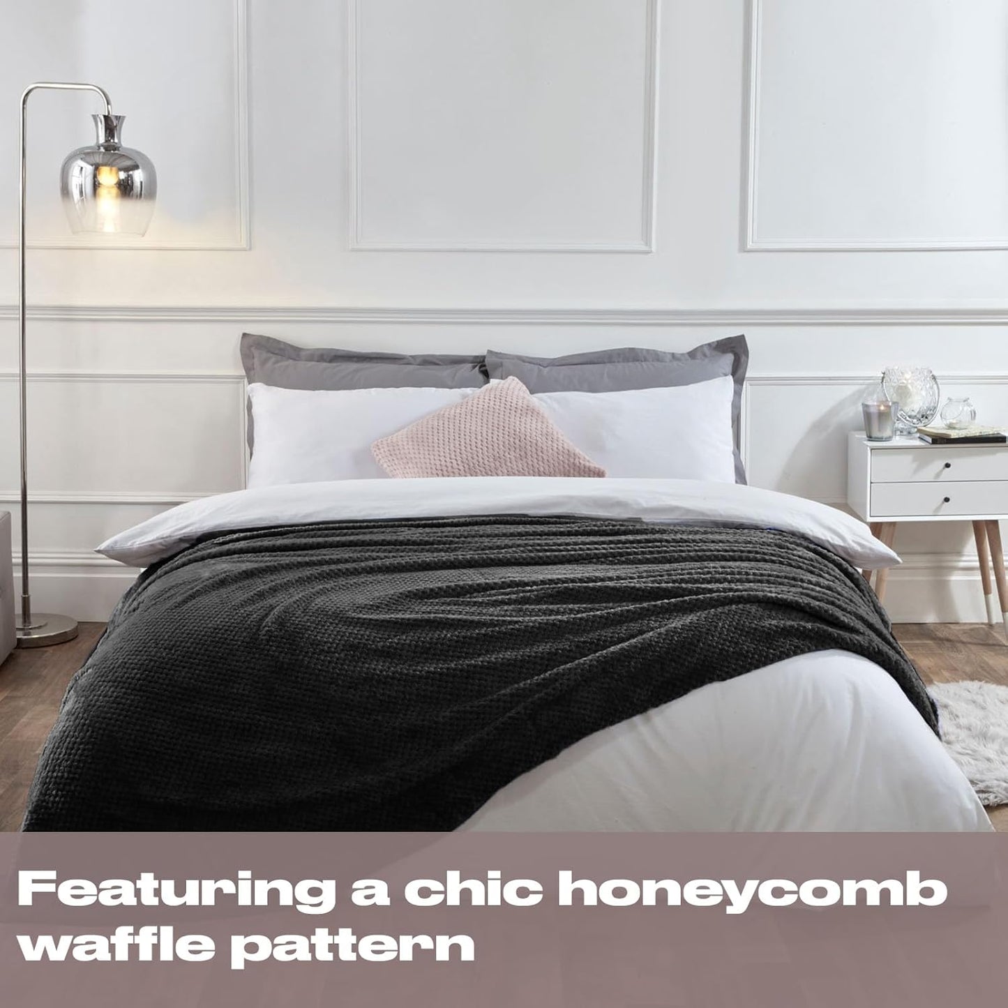 Dreamscene Sofa Throw Blanket, Soft Cosy Warm Honeycomb Waffle Fluffy Fleece Blankets for Bed Single Bed Throws Faux Fur Charcoal Grey Throw for Sofa, 125 x 150cm