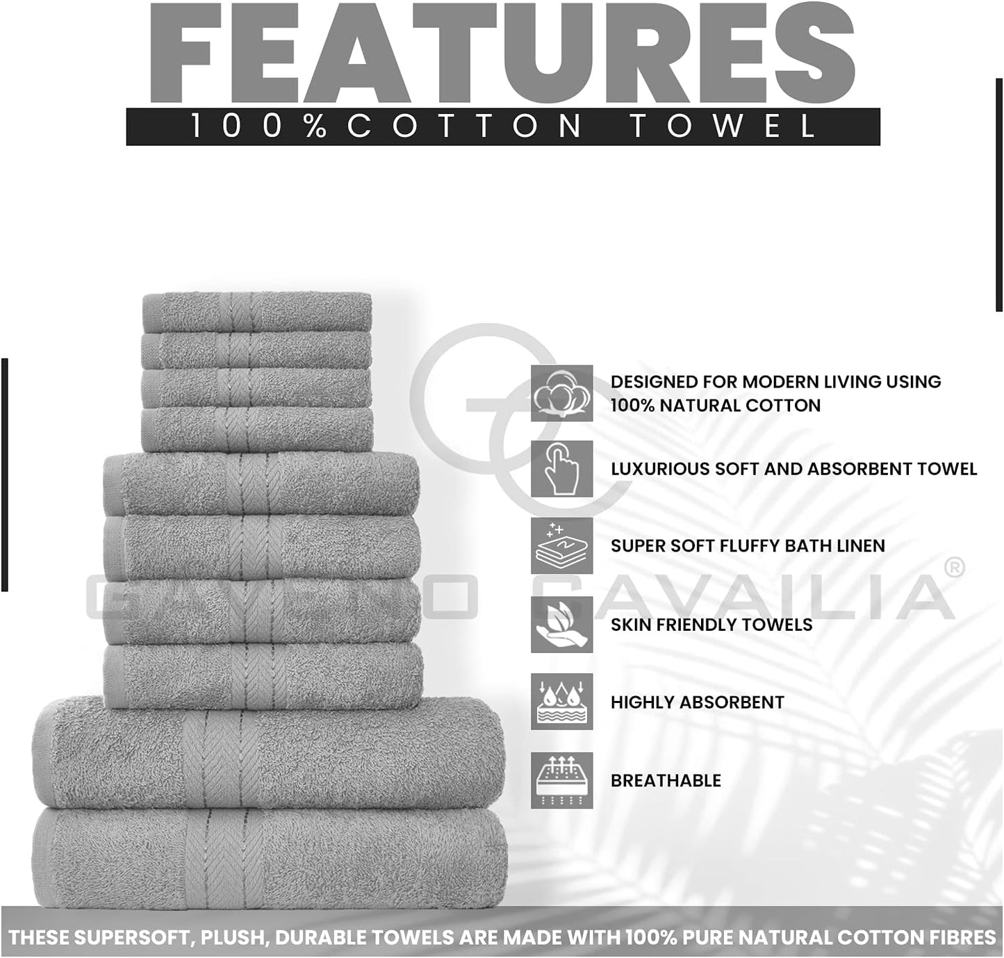 GC GAVENO CAVAILIA 10 Piece Towel Bale Set | Quick Drying Cotton Towel Highly Absorbent 450 GSM Silver Towels Set | Bathroom Towels Bale Set 4x Face 4x Hand 2x Bath Towels