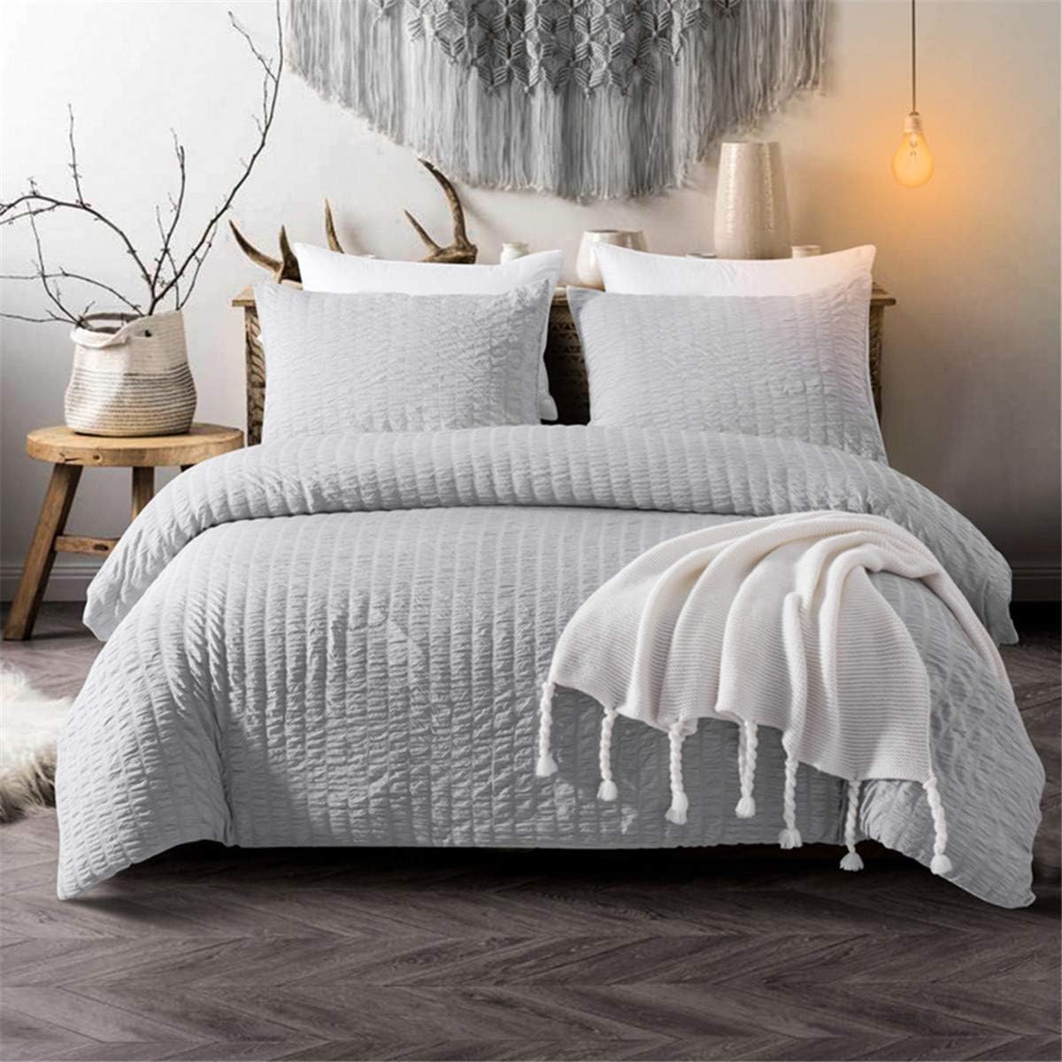 Beige Seersucker Bedding Set King Size Puckering Seersucker Duvet Cover Set,Soft Microfiber,2 Pillowcases and Zipper Closure,220×230cm