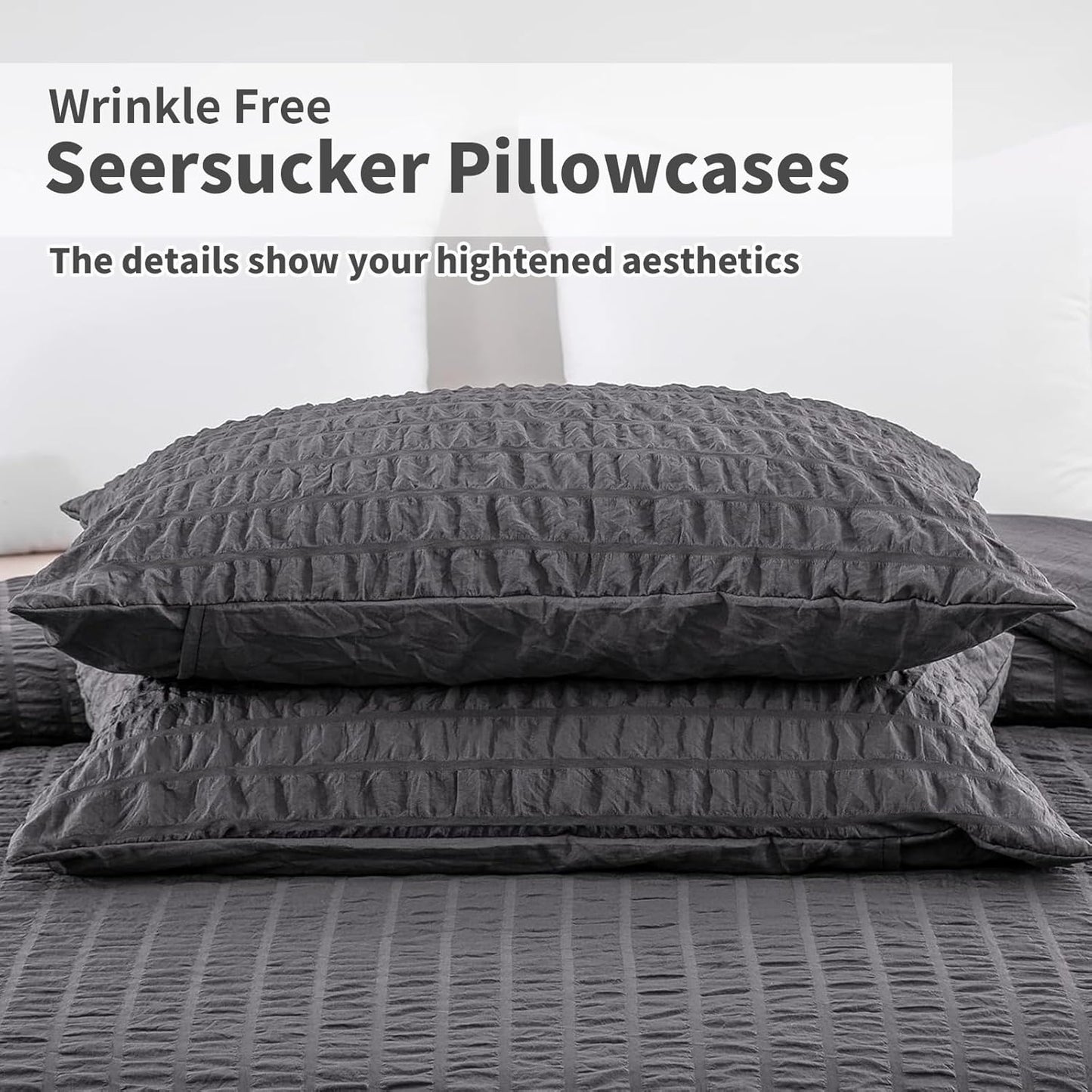 Beige Seersucker Bedding Set King Size Puckering Seersucker Duvet Cover Set,Soft Microfiber,2 Pillowcases and Zipper Closure,220×230cm