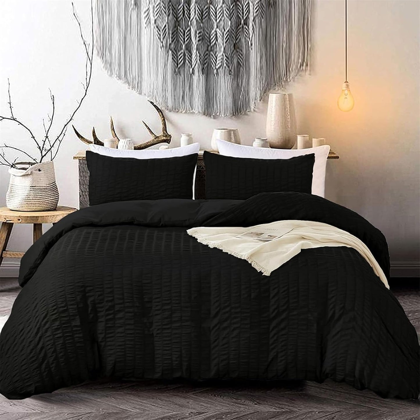 Beige Seersucker Bedding Set King Size Puckering Seersucker Duvet Cover Set,Soft Microfiber,2 Pillowcases and Zipper Closure,220×230cm