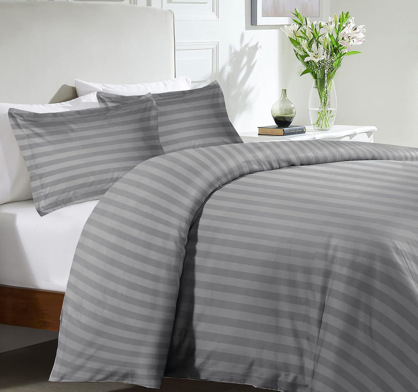 MOONLIGHT20015 Double Duvet Set Reversible Stripes Satin Double Bedding Set with 2 Pillowcases Soft Hypoallergenic Duvet Cover (Grey 200x200 CM)