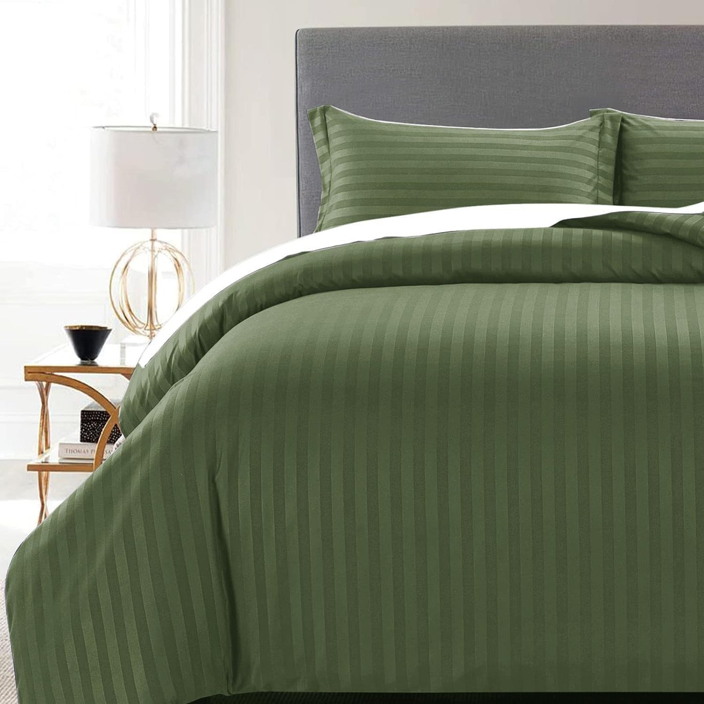 MOONLIGHT20015 Double Duvet Set Reversible Stripes Satin Double Bedding Set with 2 Pillowcases Soft Hypoallergenic Duvet Cover (Grey 200x200 CM)