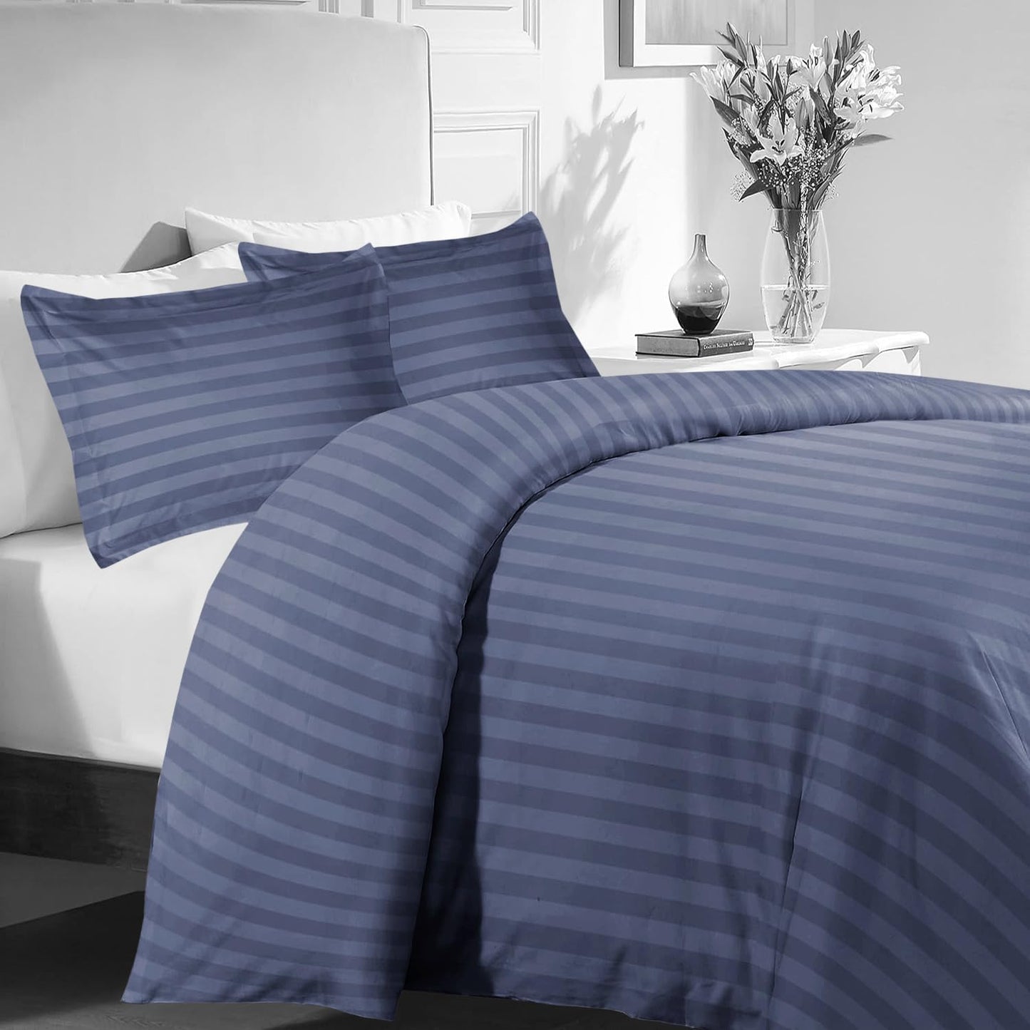 MOONLIGHT20015 Double Duvet Set Reversible Stripes Satin Double Bedding Set with 2 Pillowcases Soft Hypoallergenic Duvet Cover (Grey 200x200 CM)