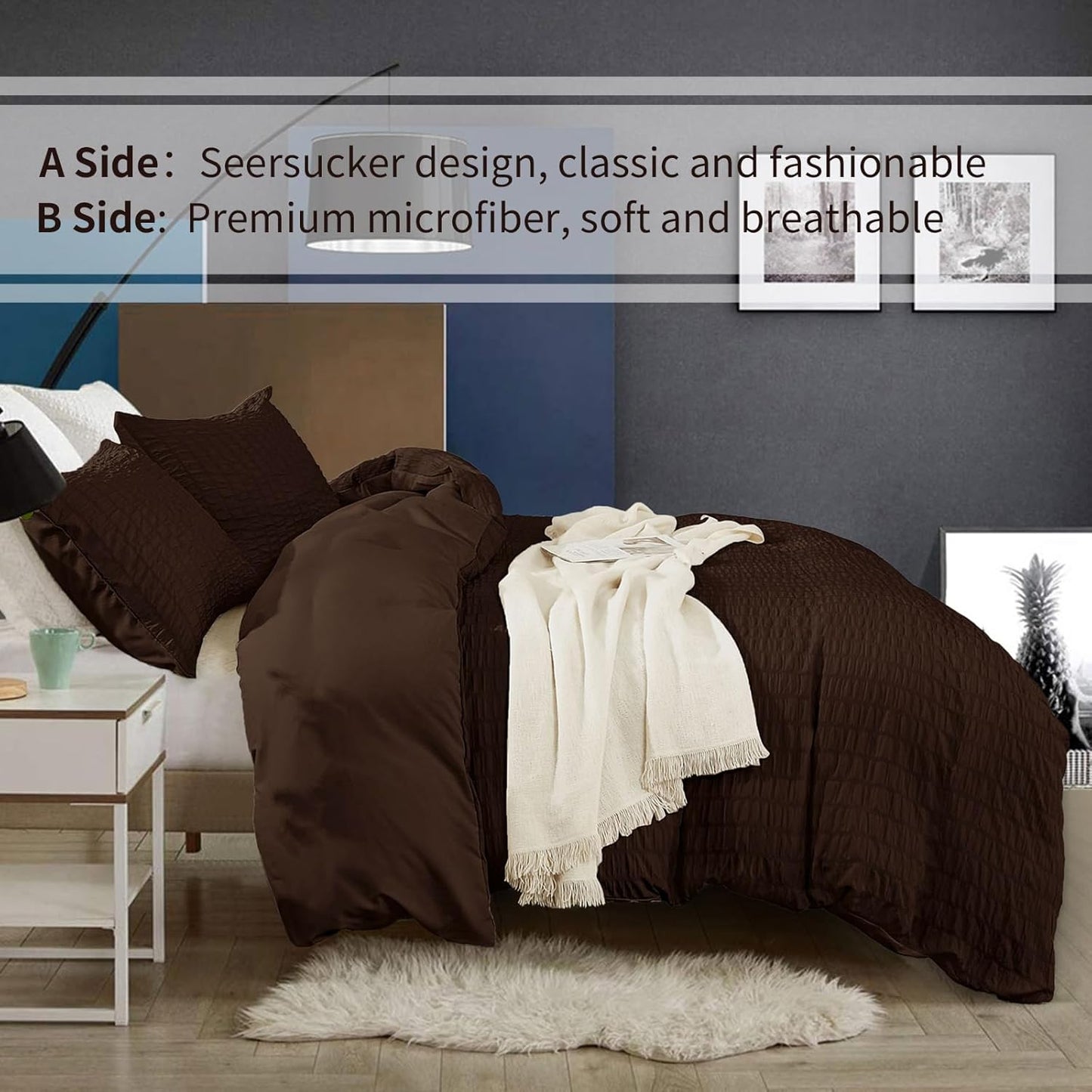 Beige Seersucker Bedding Set King Size Puckering Seersucker Duvet Cover Set,Soft Microfiber,2 Pillowcases and Zipper Closure,220×230cm