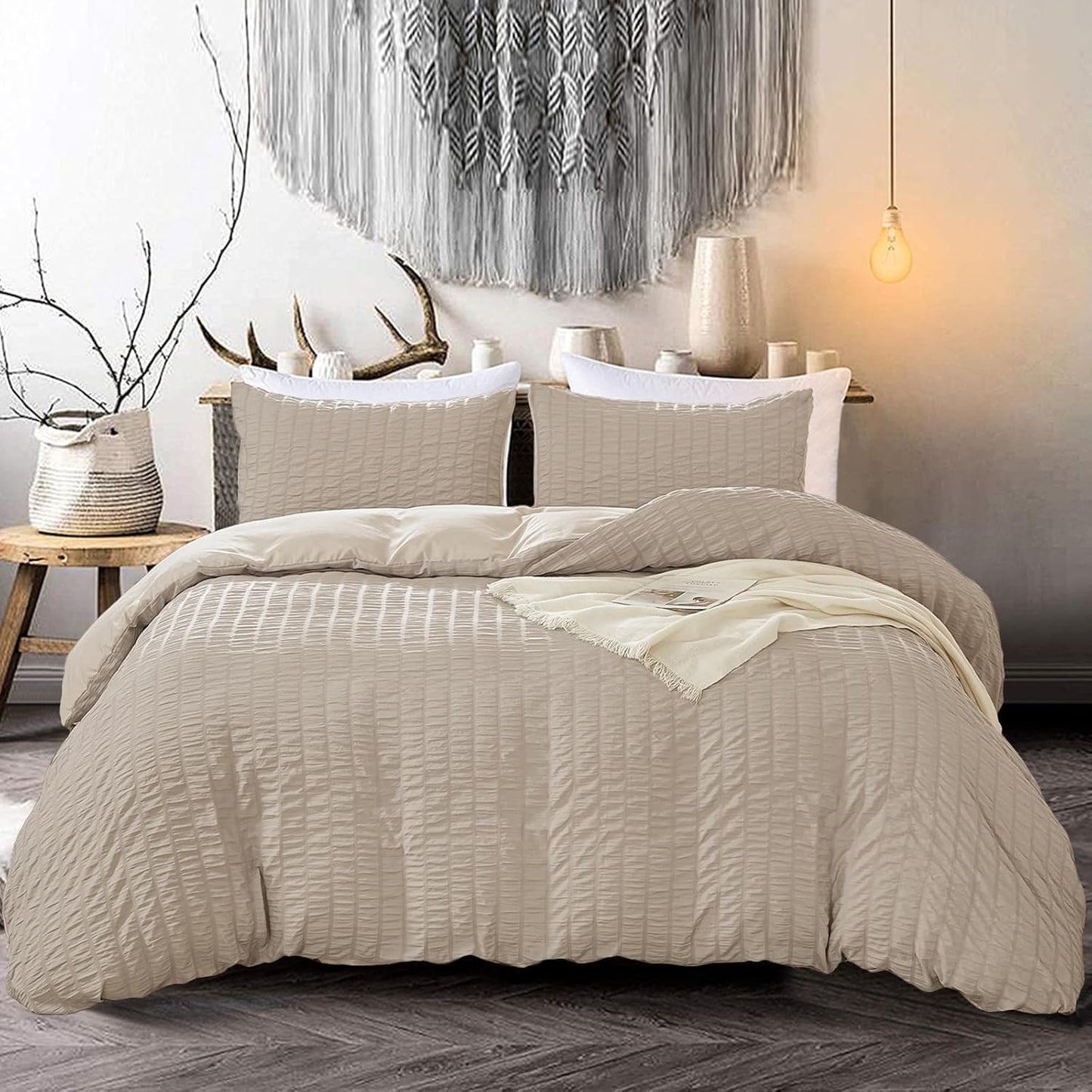 Beige Seersucker Bedding Set King Size Puckering Seersucker Duvet Cover Set,Soft Microfiber,2 Pillowcases and Zipper Closure,220×230cm