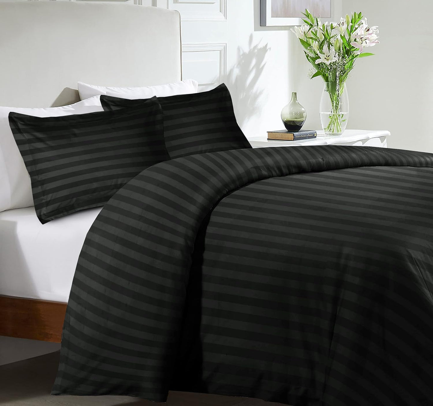 MOONLIGHT20015 Double Duvet Set Reversible Stripes Satin Double Bedding Set with 2 Pillowcases Soft Hypoallergenic Duvet Cover (Grey 200x200 CM)