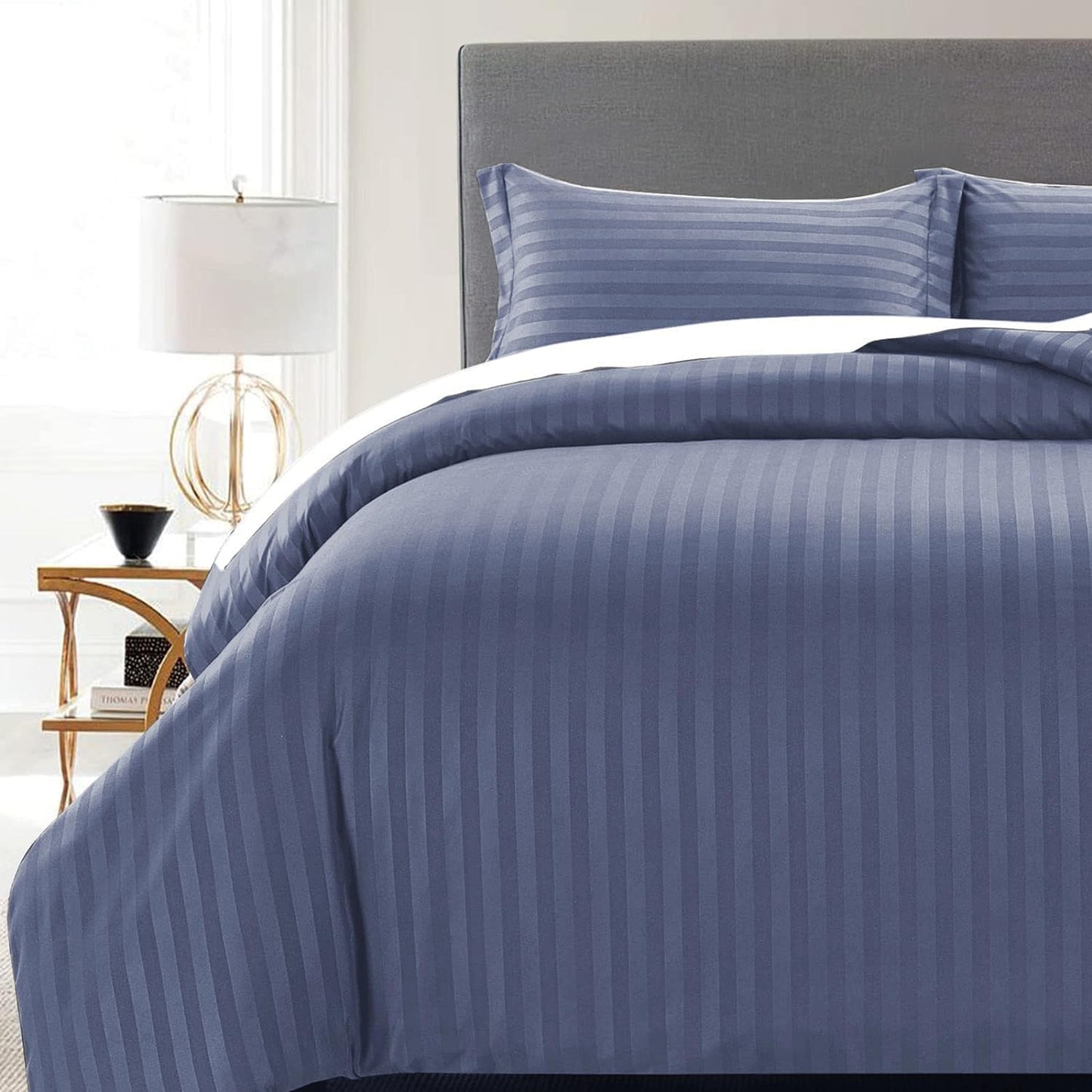 MOONLIGHT20015 Double Duvet Set Reversible Stripes Satin Double Bedding Set with 2 Pillowcases Soft Hypoallergenic Duvet Cover (Grey 200x200 CM)