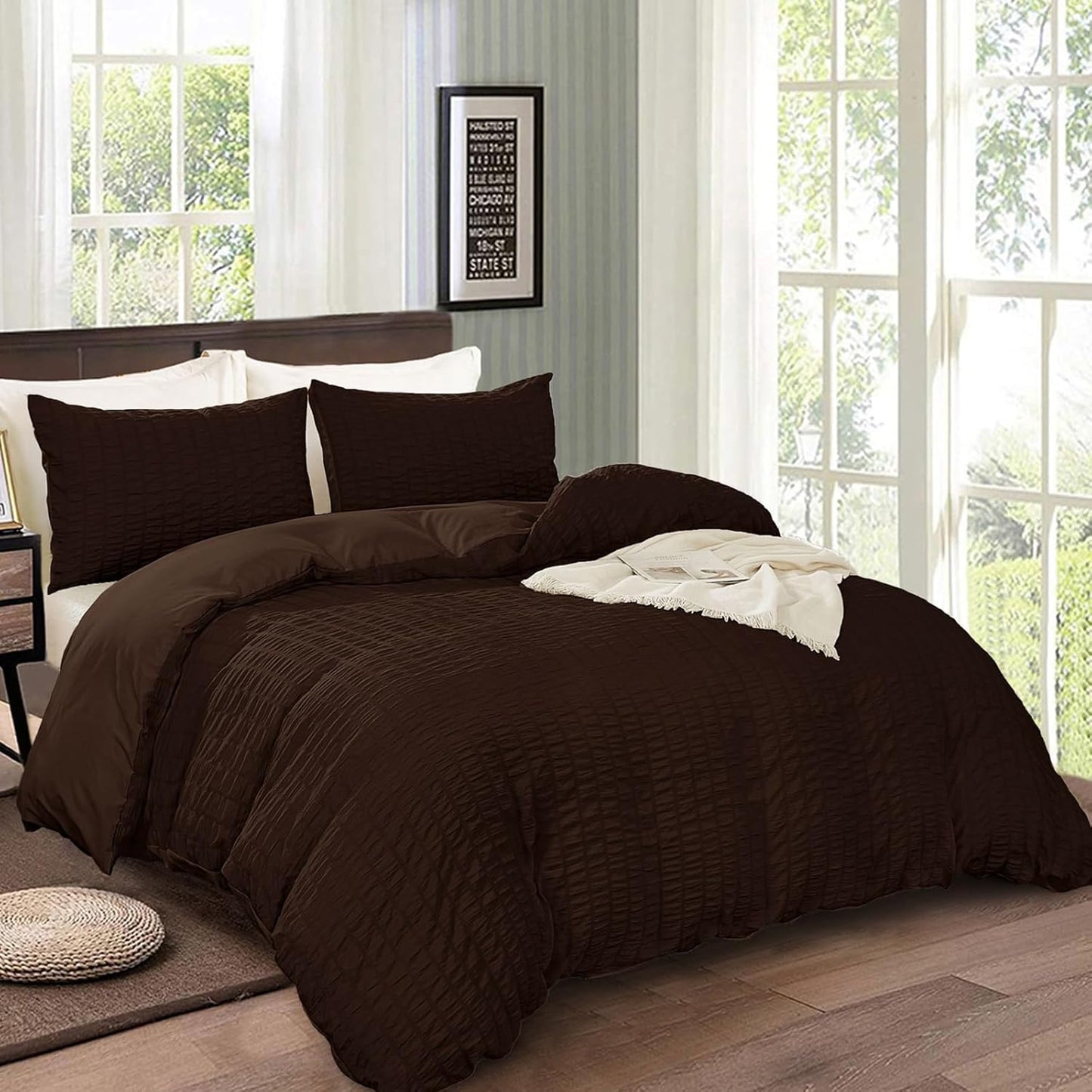 Beige Seersucker Bedding Set King Size Puckering Seersucker Duvet Cover Set,Soft Microfiber,2 Pillowcases and Zipper Closure,220×230cm