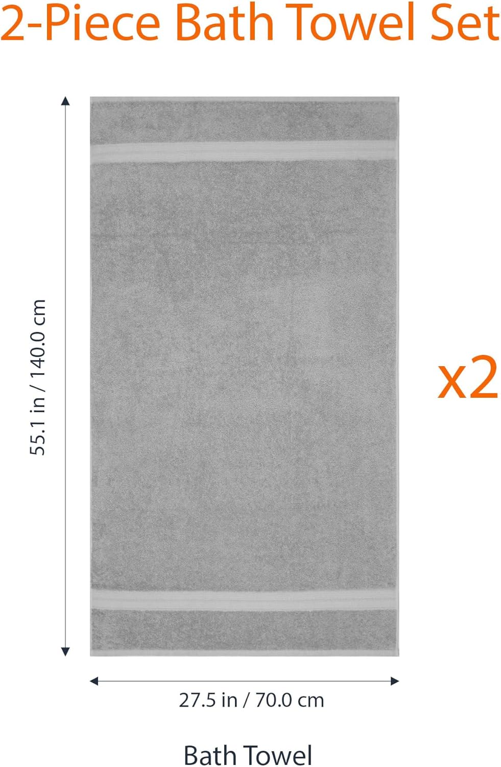 Amazon Basics 2 Bath towel for bathroom, Fade Resistant 100% Cotton Bath Towels, soft absorbent, 2-Pack (70x140 cm), Grey