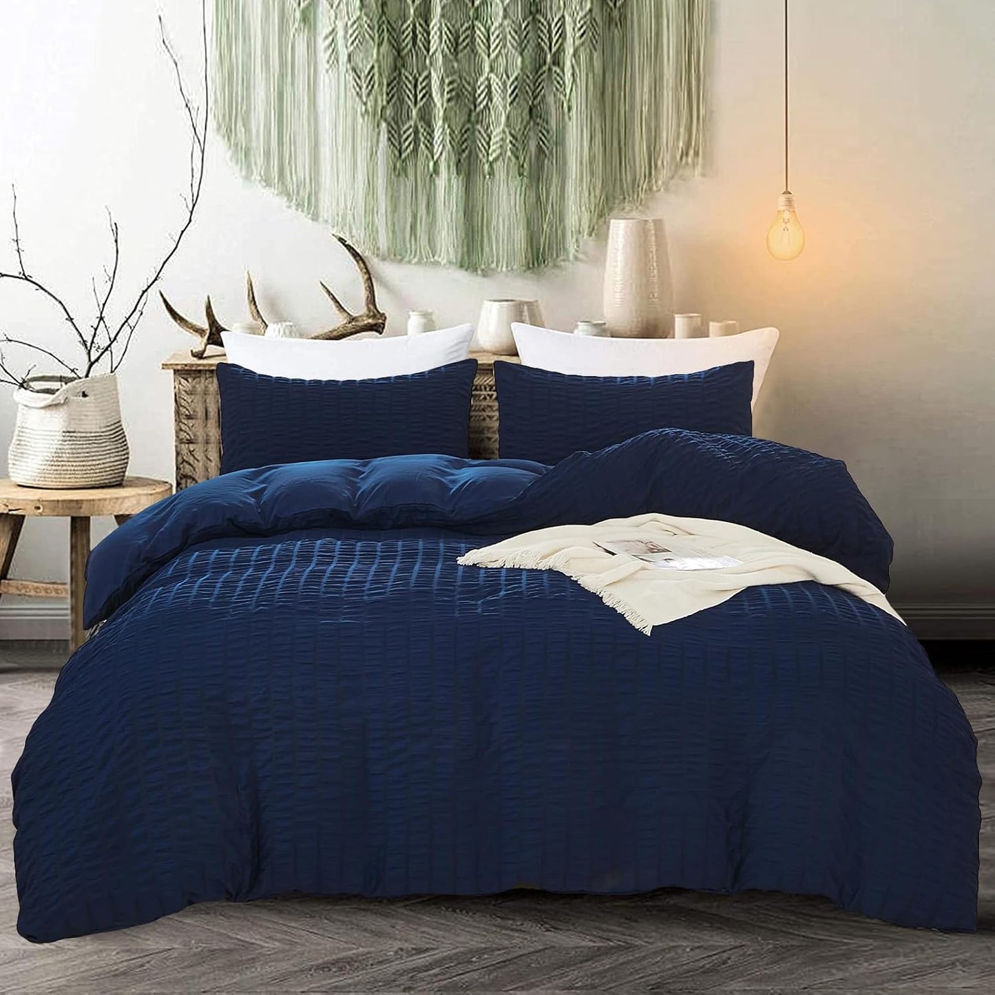 Beige Seersucker Bedding Set King Size Puckering Seersucker Duvet Cover Set,Soft Microfiber,2 Pillowcases and Zipper Closure,220×230cm