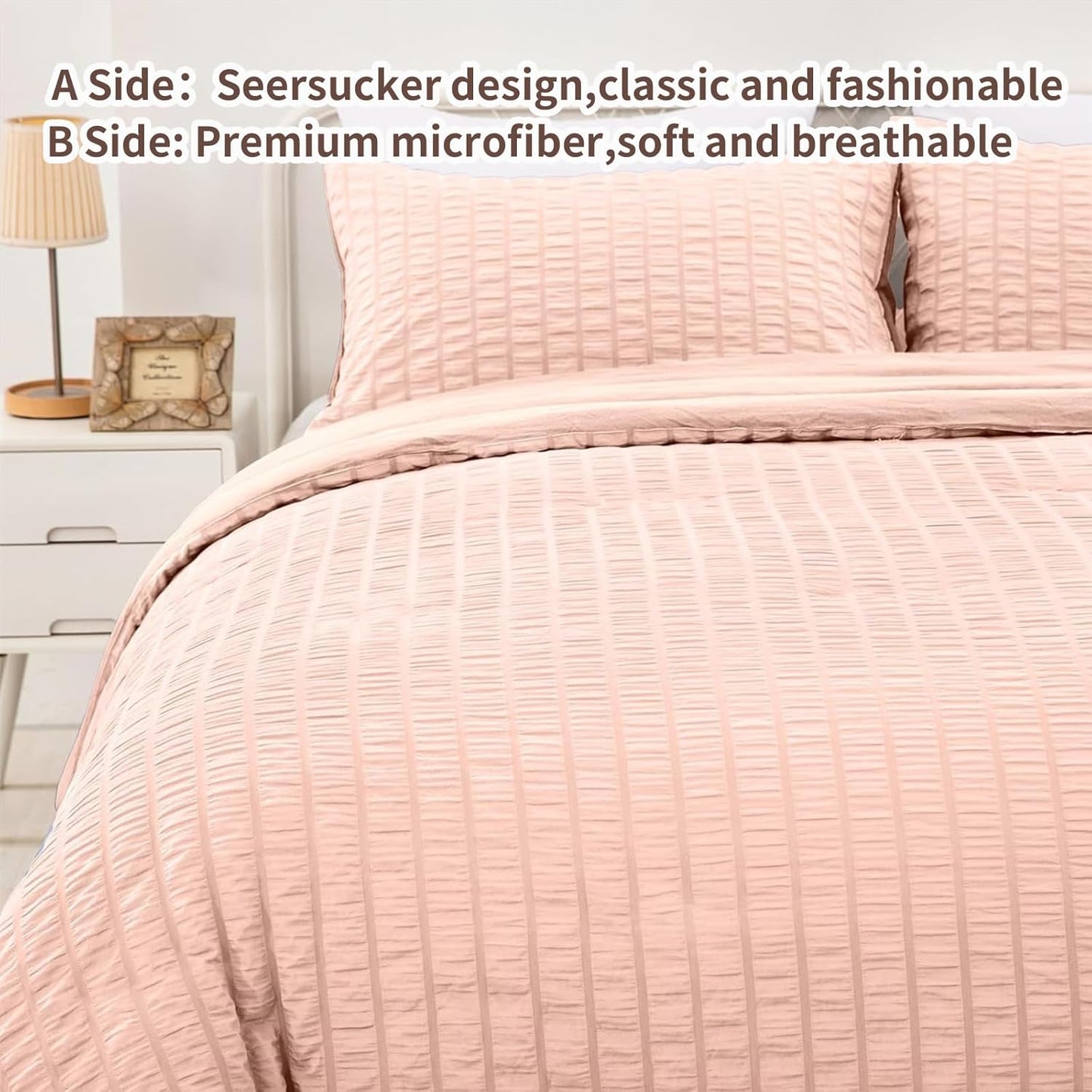 Beige Seersucker Bedding Set King Size Puckering Seersucker Duvet Cover Set,Soft Microfiber,2 Pillowcases and Zipper Closure,220×230cm