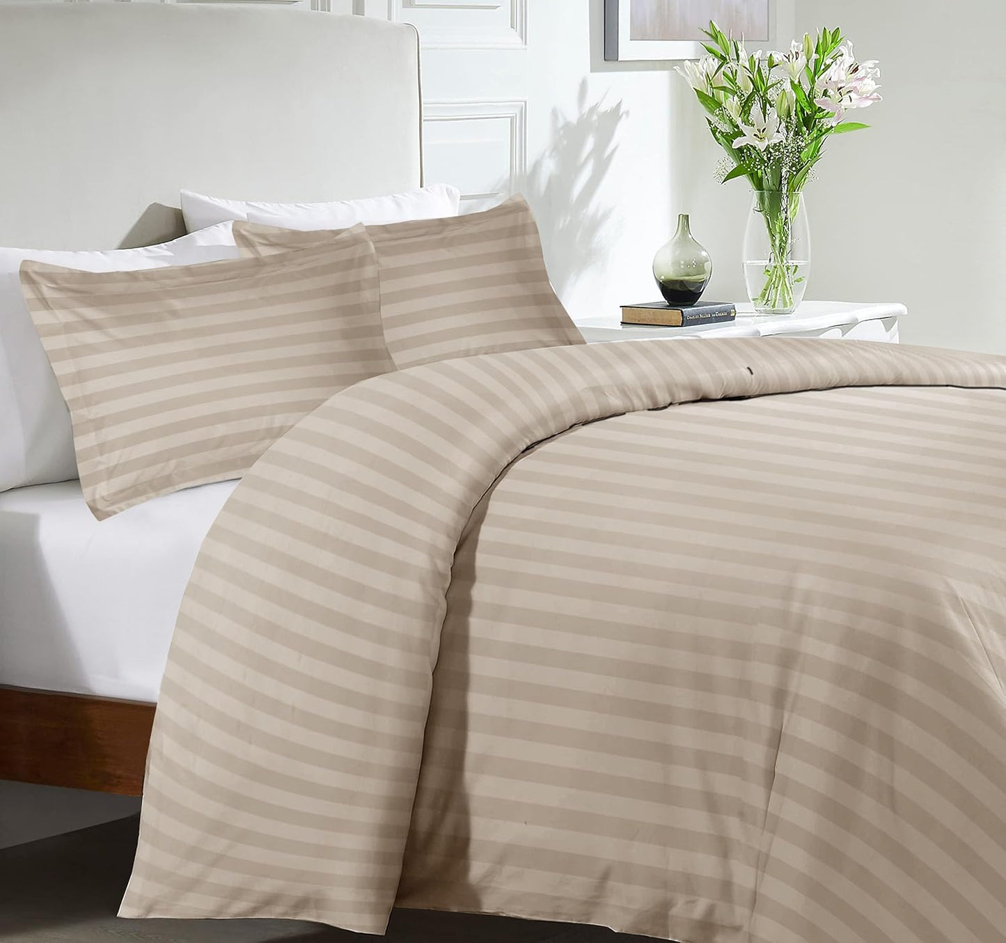 MOONLIGHT20015 Double Duvet Set Reversible Stripes Satin Double Bedding Set with 2 Pillowcases Soft Hypoallergenic Duvet Cover (Grey 200x200 CM)