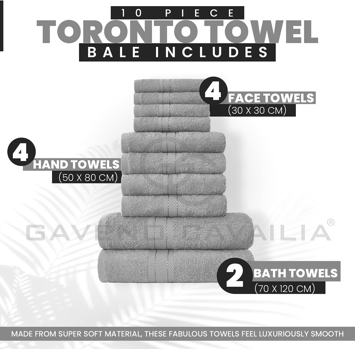 GC GAVENO CAVAILIA 10 Piece Towel Bale Set | Quick Drying Cotton Towel Highly Absorbent 450 GSM Silver Towels Set | Bathroom Towels Bale Set 4x Face 4x Hand 2x Bath Towels