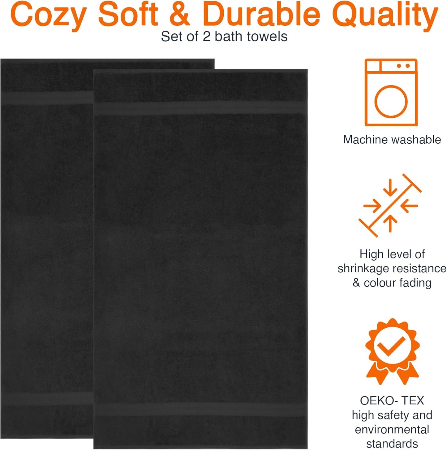 Amazon Basics 2 Bath towel for bathroom, Fade Resistant 100% Cotton Bath Towels, soft absorbent, 2-Pack (70x140 cm), Grey