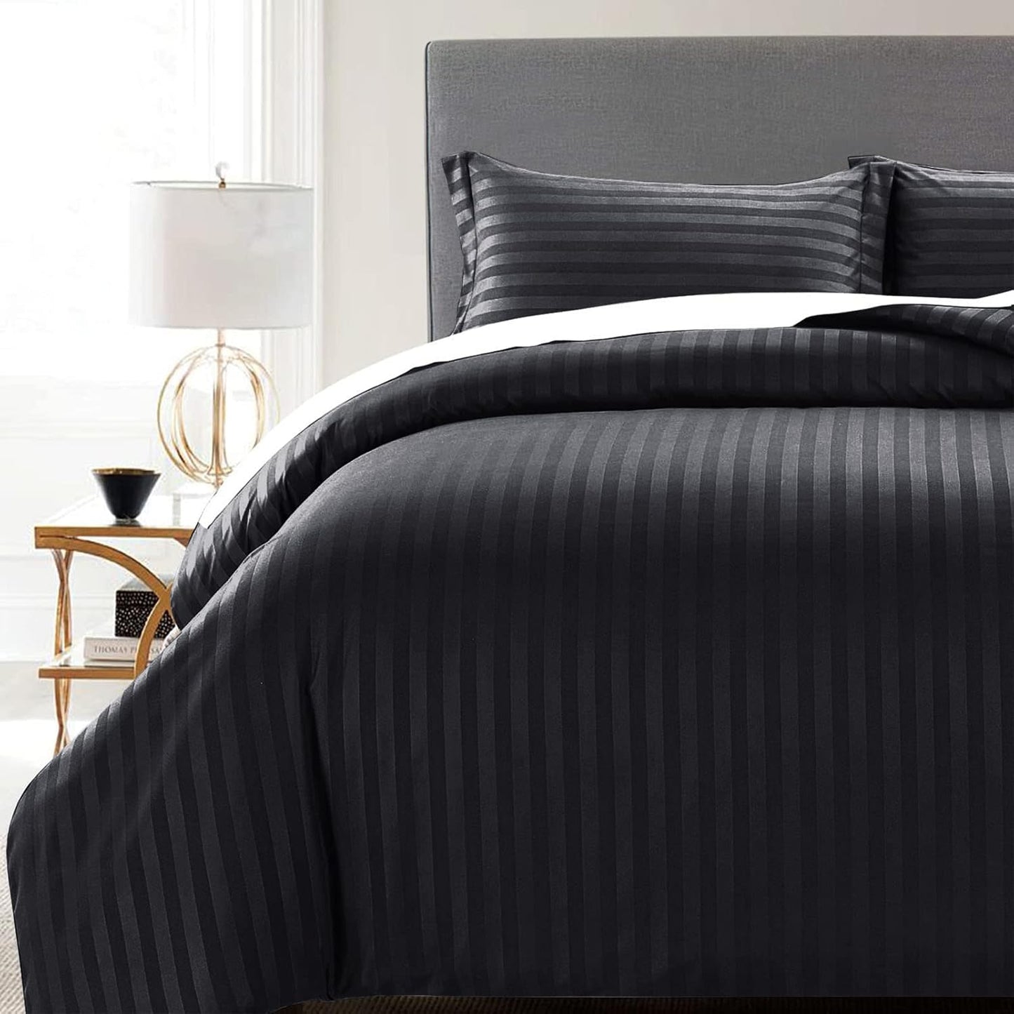 MOONLIGHT20015 Double Duvet Set Reversible Stripes Satin Double Bedding Set with 2 Pillowcases Soft Hypoallergenic Duvet Cover (Grey 200x200 CM)