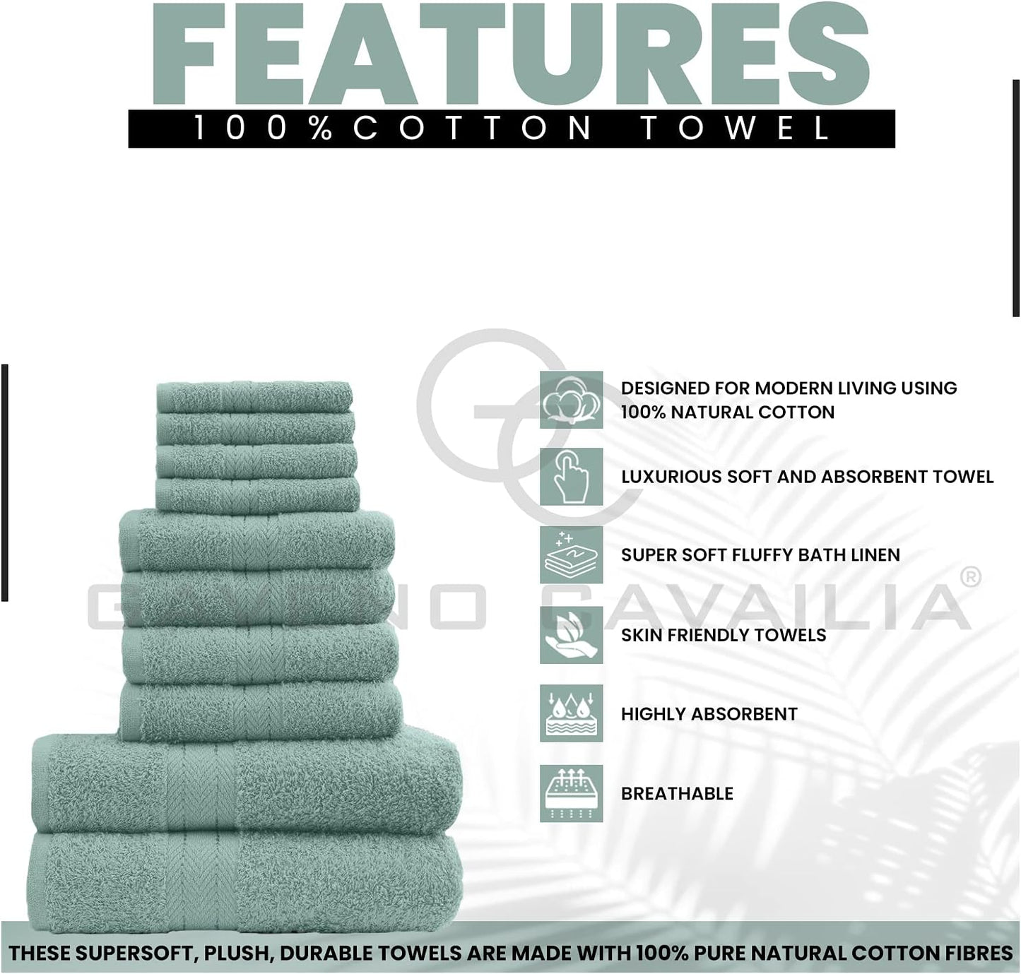 GC GAVENO CAVAILIA 10 Piece Towel Bale Set | Quick Drying Cotton Towel Highly Absorbent 450 GSM Silver Towels Set | Bathroom Towels Bale Set 4x Face 4x Hand 2x Bath Towels