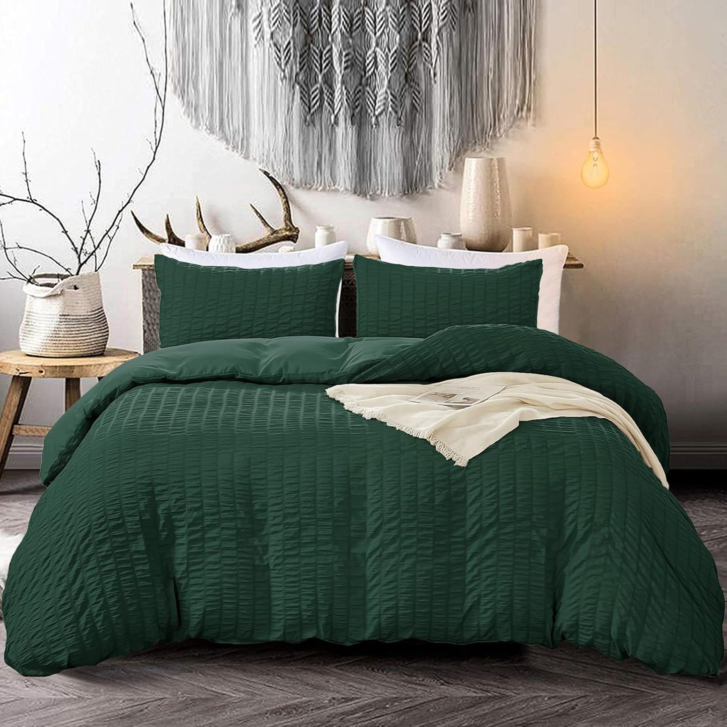 Beige Seersucker Bedding Set King Size Puckering Seersucker Duvet Cover Set,Soft Microfiber,2 Pillowcases and Zipper Closure,220×230cm