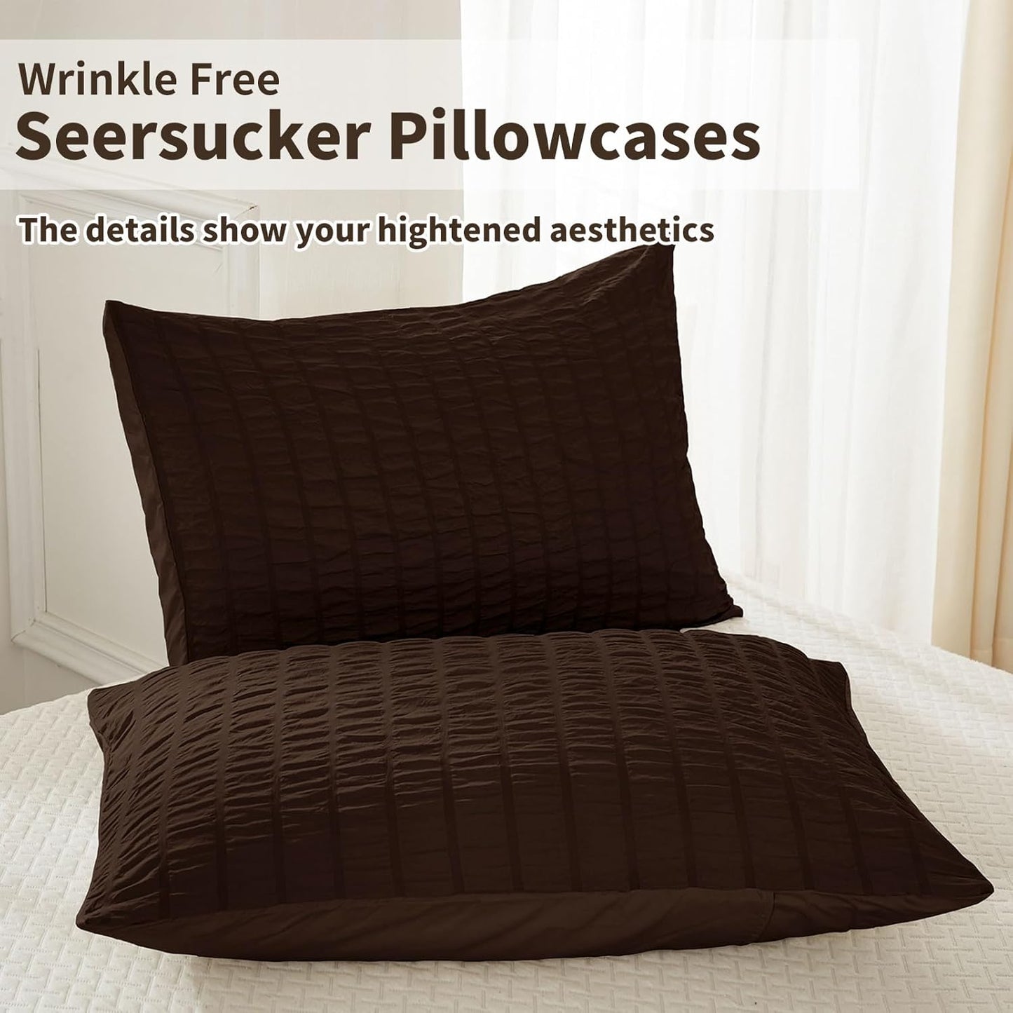 Beige Seersucker Bedding Set King Size Puckering Seersucker Duvet Cover Set,Soft Microfiber,2 Pillowcases and Zipper Closure,220×230cm