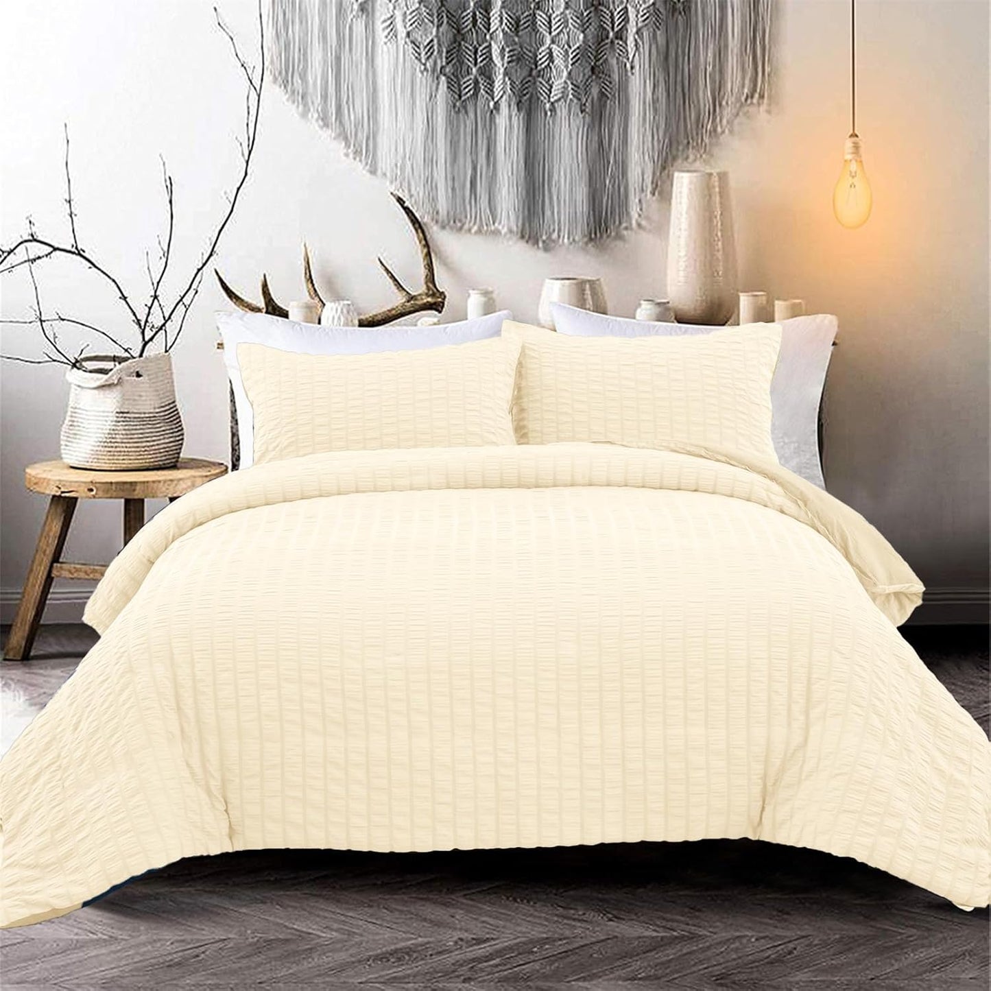 Beige Seersucker Bedding Set King Size Puckering Seersucker Duvet Cover Set,Soft Microfiber,2 Pillowcases and Zipper Closure,220×230cm