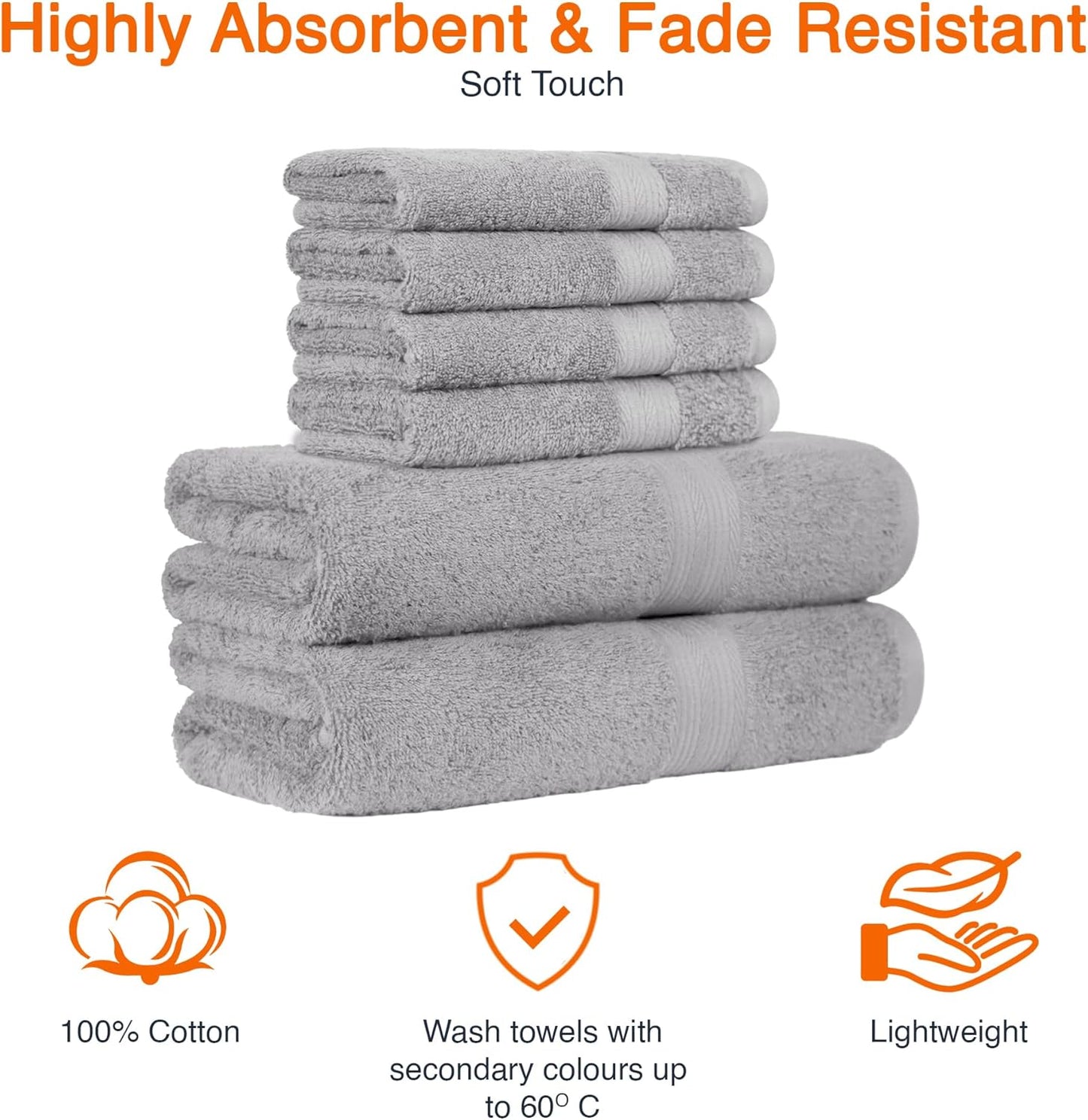 Amazon Basics 2 Bath towel for bathroom, Fade Resistant 100% Cotton Bath Towels, soft absorbent, 2-Pack (70x140 cm), Grey