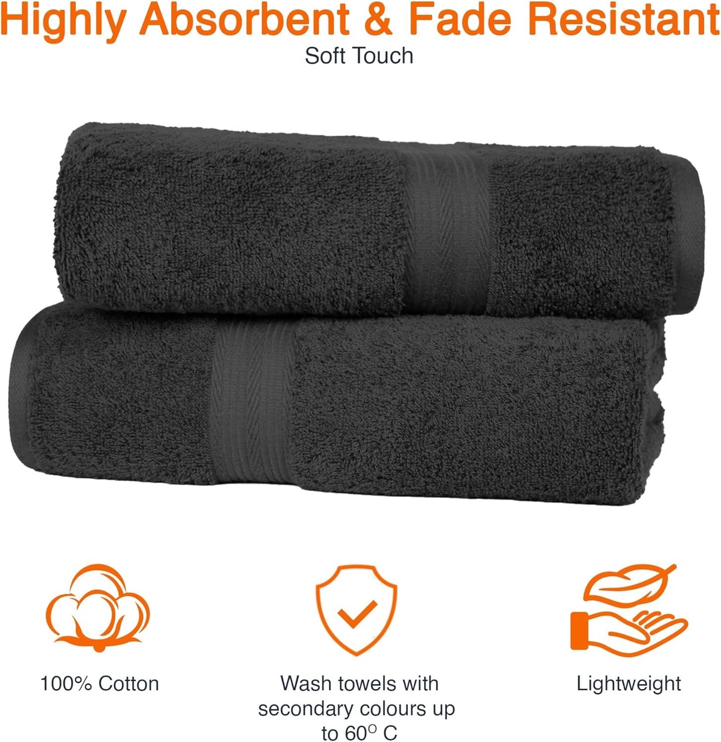 Amazon Basics 2 Bath towel for bathroom, Fade Resistant 100% Cotton Bath Towels, soft absorbent, 2-Pack (70x140 cm), Grey