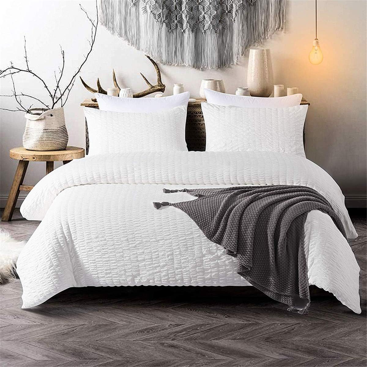 Beige Seersucker Bedding Set King Size Puckering Seersucker Duvet Cover Set,Soft Microfiber,2 Pillowcases and Zipper Closure,220×230cm