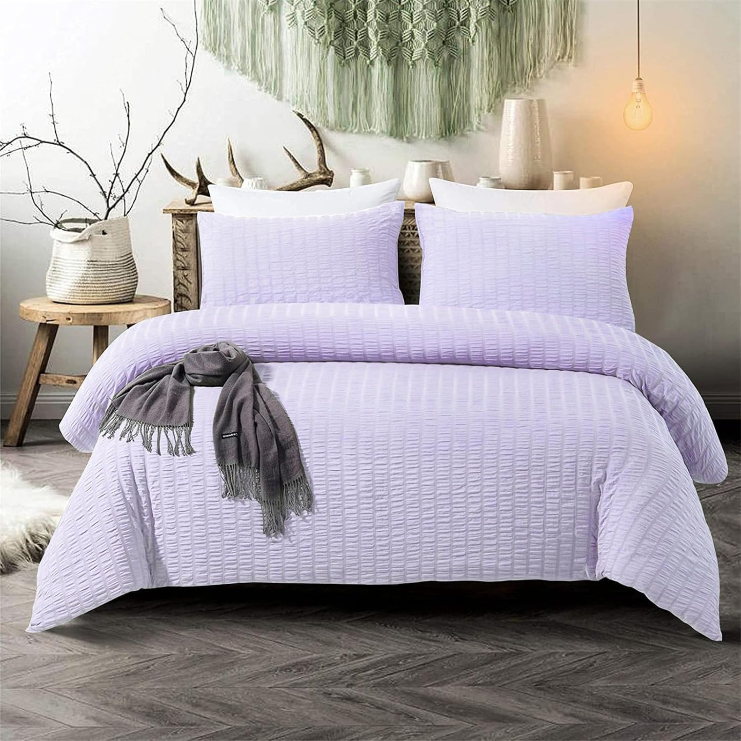 Beige Seersucker Bedding Set King Size Puckering Seersucker Duvet Cover Set,Soft Microfiber,2 Pillowcases and Zipper Closure,220×230cm