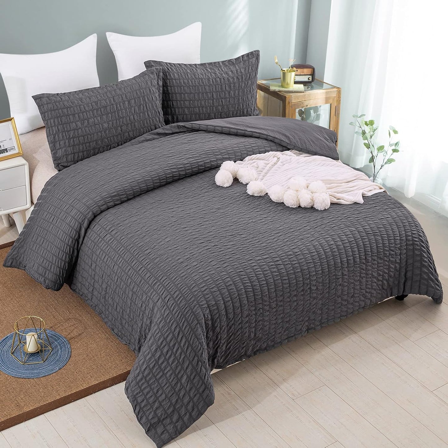 Beige Seersucker Bedding Set King Size Puckering Seersucker Duvet Cover Set,Soft Microfiber,2 Pillowcases and Zipper Closure,220×230cm