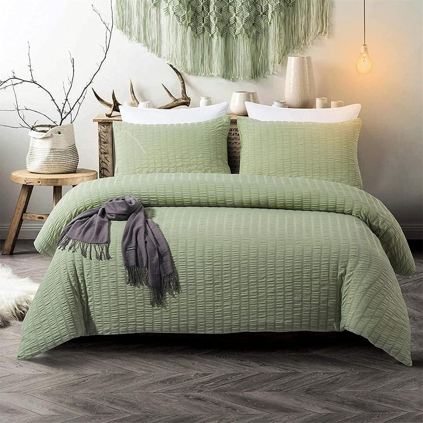 Beige Seersucker Bedding Set King Size Puckering Seersucker Duvet Cover Set,Soft Microfiber,2 Pillowcases and Zipper Closure,220×230cm