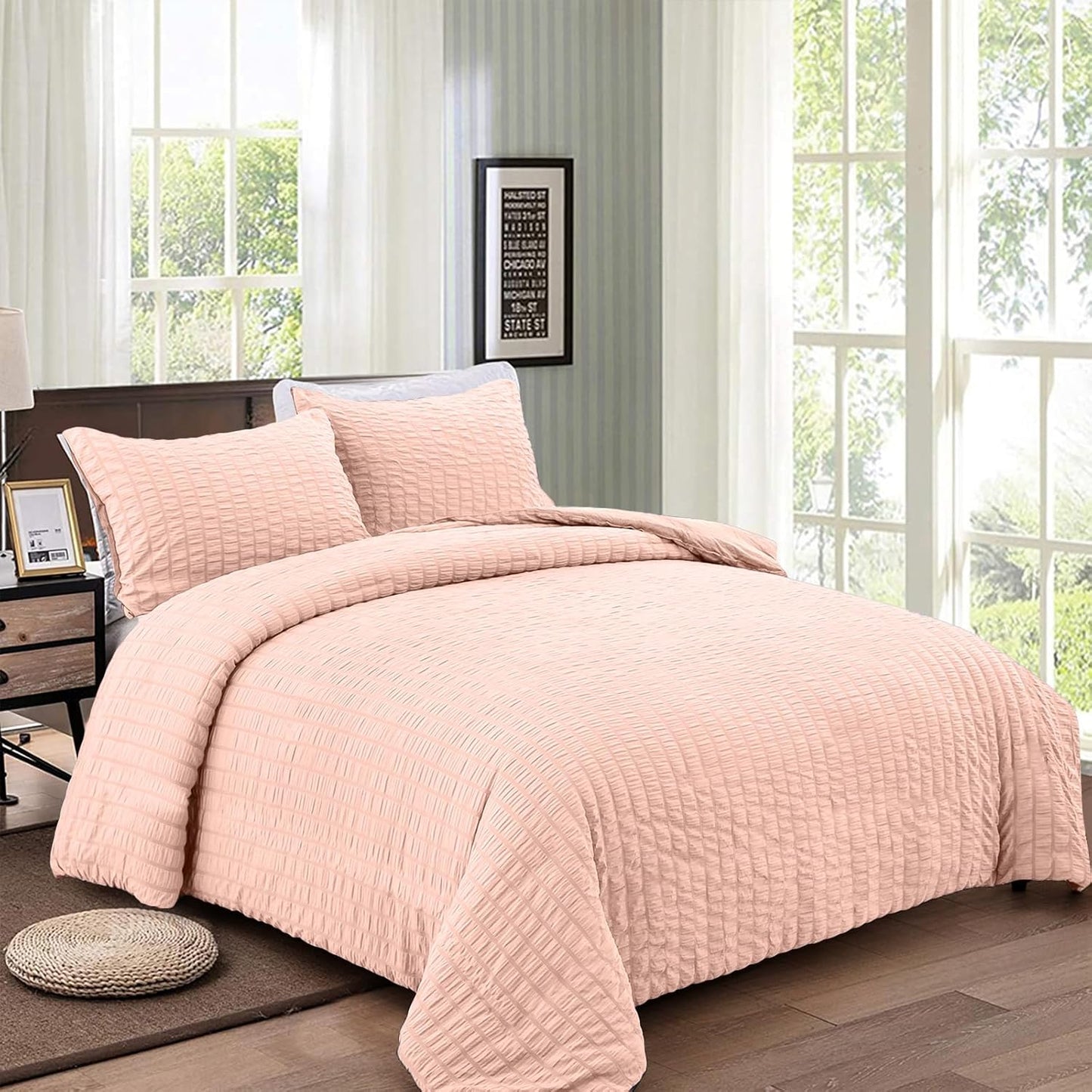 Beige Seersucker Bedding Set King Size Puckering Seersucker Duvet Cover Set,Soft Microfiber,2 Pillowcases and Zipper Closure,220×230cm