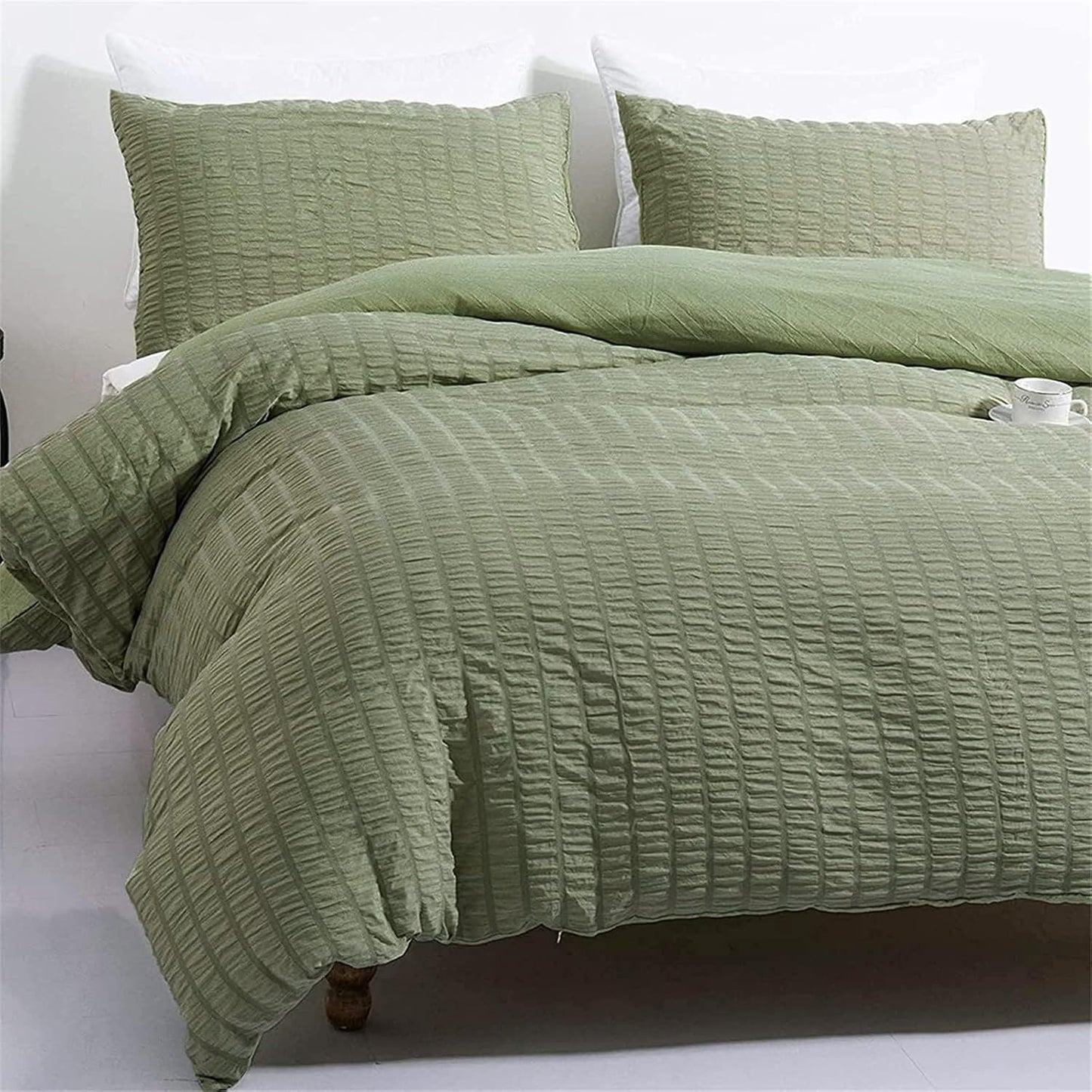 Beige Seersucker Bedding Set King Size Puckering Seersucker Duvet Cover Set,Soft Microfiber,2 Pillowcases and Zipper Closure,220×230cm